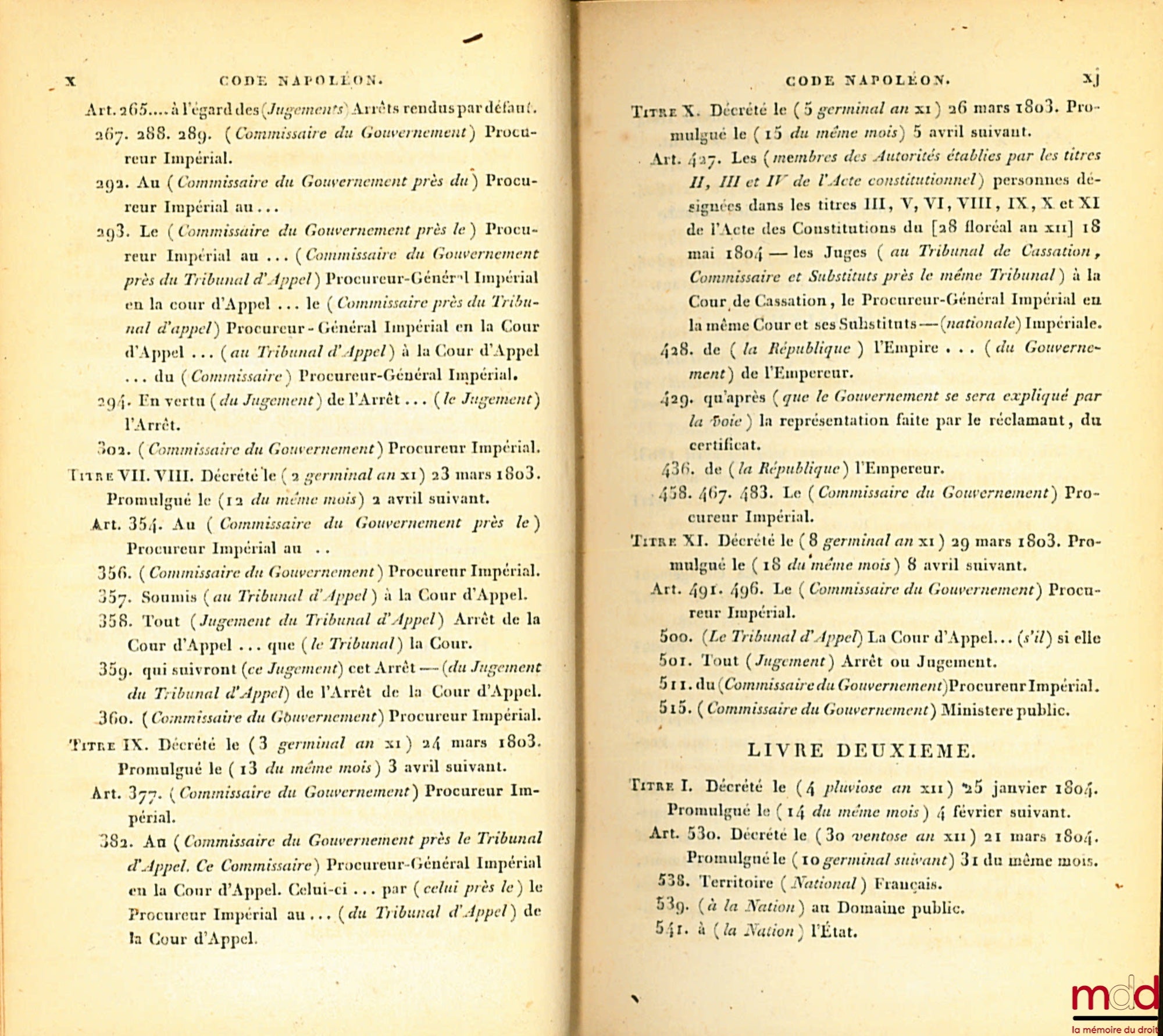 [Civil Code / Napoleonic Code], FAVARD DE LANGLADE (Baron Guillaume Jean) – NAPOLEONIC CODE [CIVIL CODE (for volumes II to VIII)], followed by the statement of reasons for each law, presented by the Government Orators; — Reports made to the Tribunate at