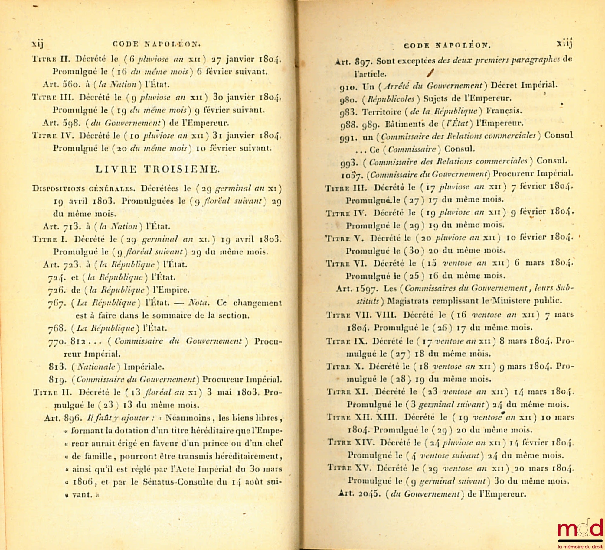 [Civil Code / Napoleonic Code], FAVARD DE LANGLADE (Baron Guillaume Jean) – NAPOLEONIC CODE [CIVIL CODE (for volumes II to VIII)], followed by the statement of reasons for each law, presented by the Government Orators; — Reports made to the Tribunate at