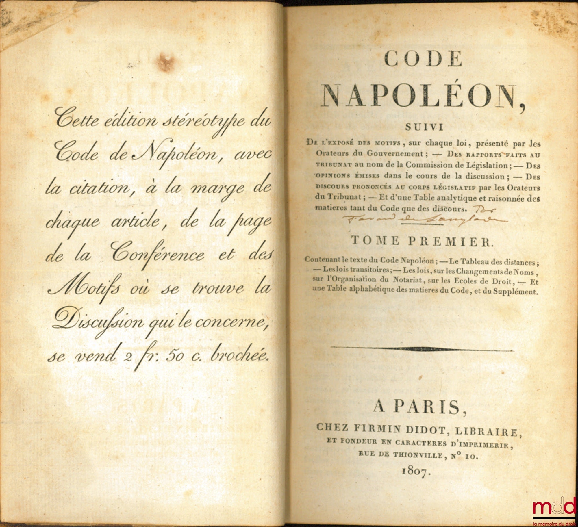 [Civil Code / Napoleonic Code], FAVARD DE LANGLADE (Baron Guillaume Jean) – NAPOLEONIC CODE [CIVIL CODE (for volumes II to VIII)], followed by the statement of reasons for each law, presented by the Government Orators; — Reports made to the Tribunate at
