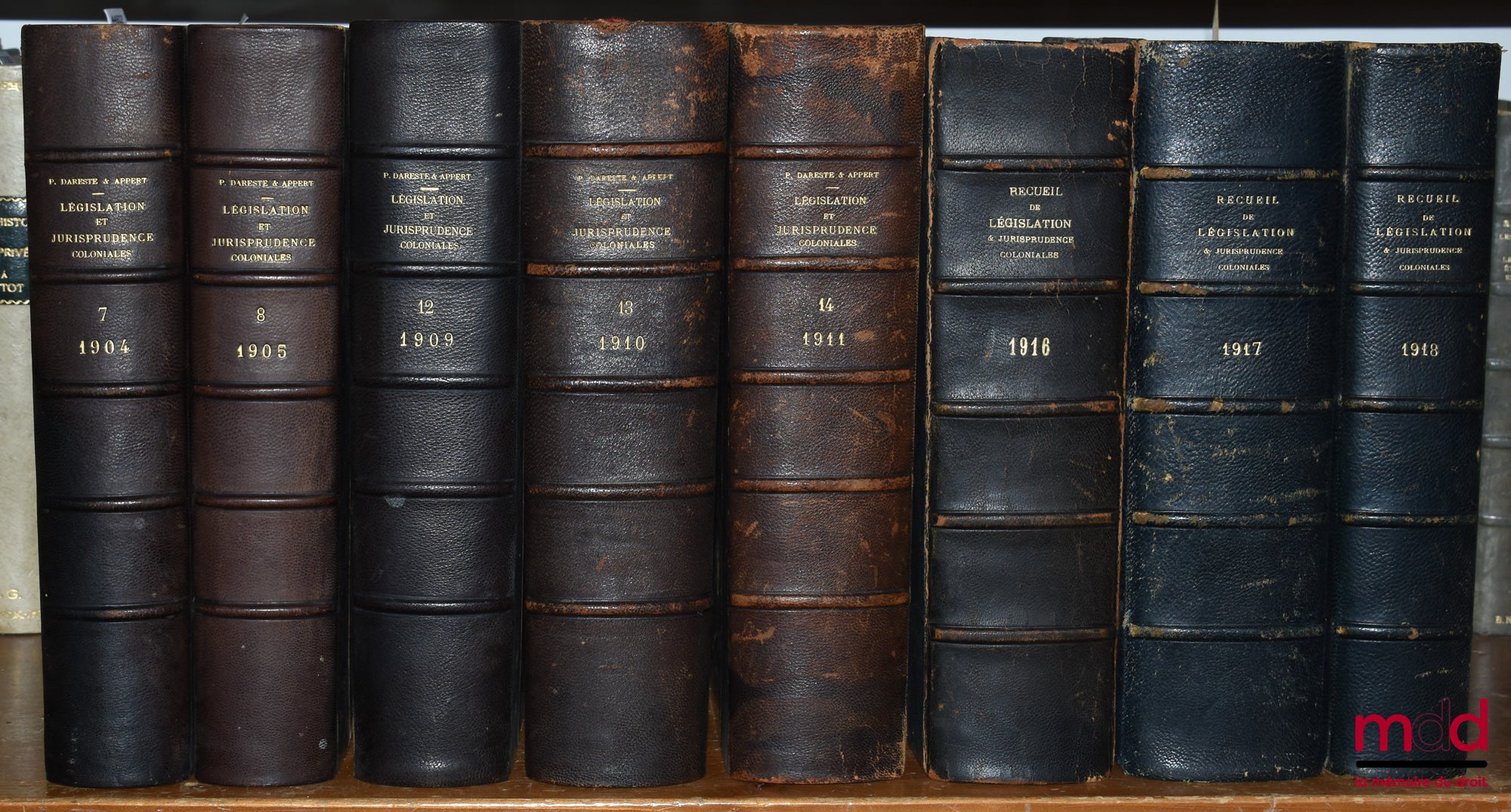 [Droit colonial] – RECUEIL DE LÉGISLATION, DE DOCTRINE ET DE JURISPRUDENCE COLONIALE dirigé par P. Dareste, G. Appert et Max. Legendre, de 1904 (t. VII) à 1936 [mq. 7 années]