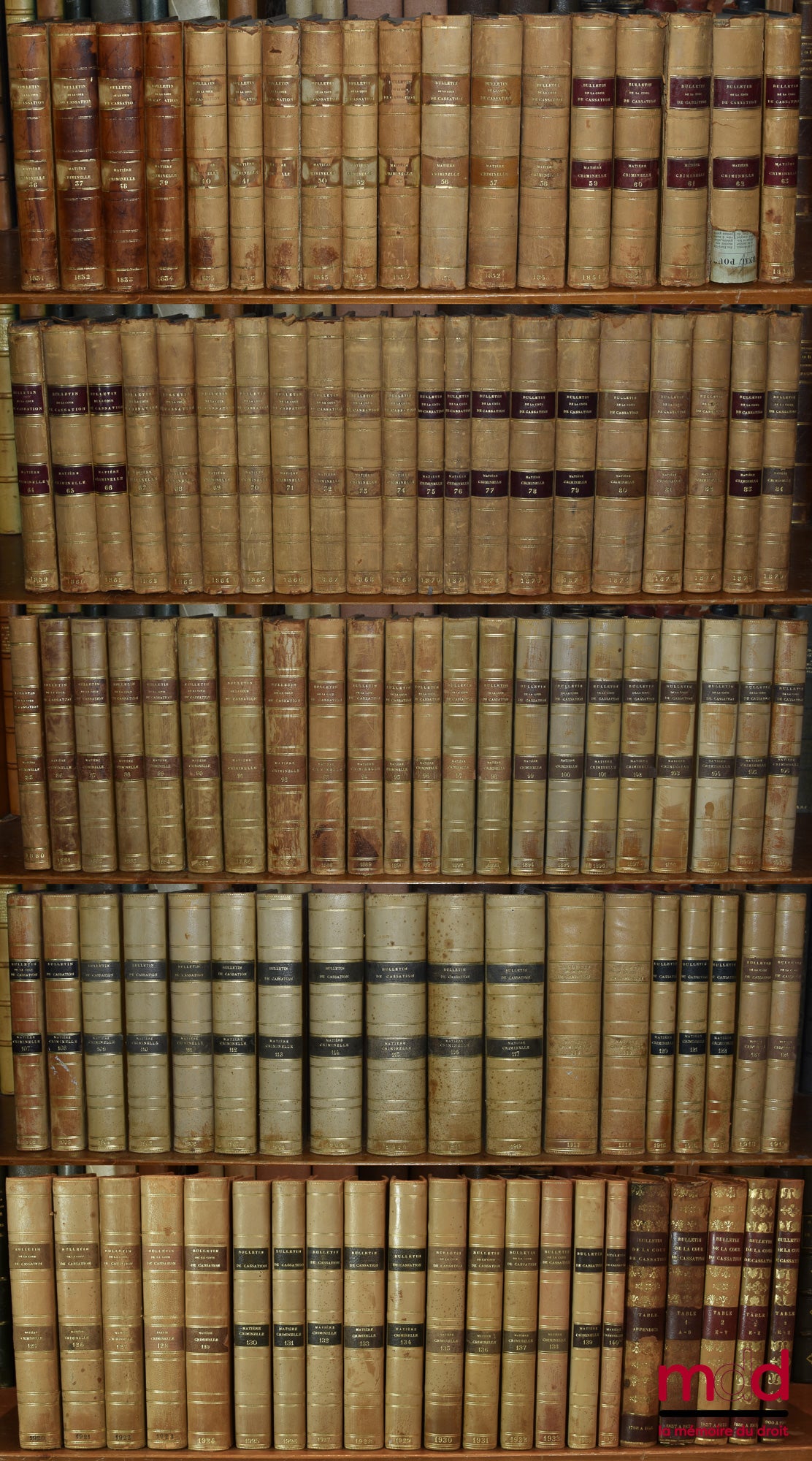 [Court of Cassation] – BULLETIN OF JUDGMENTS OF THE COURT OF CASSATION RENDERED IN CRIMINAL MATTERS, from 1831 to 1936 [missing 11 years]; Tables 1798-1856 (1 vol.); 1857-1873 (2 vols.)