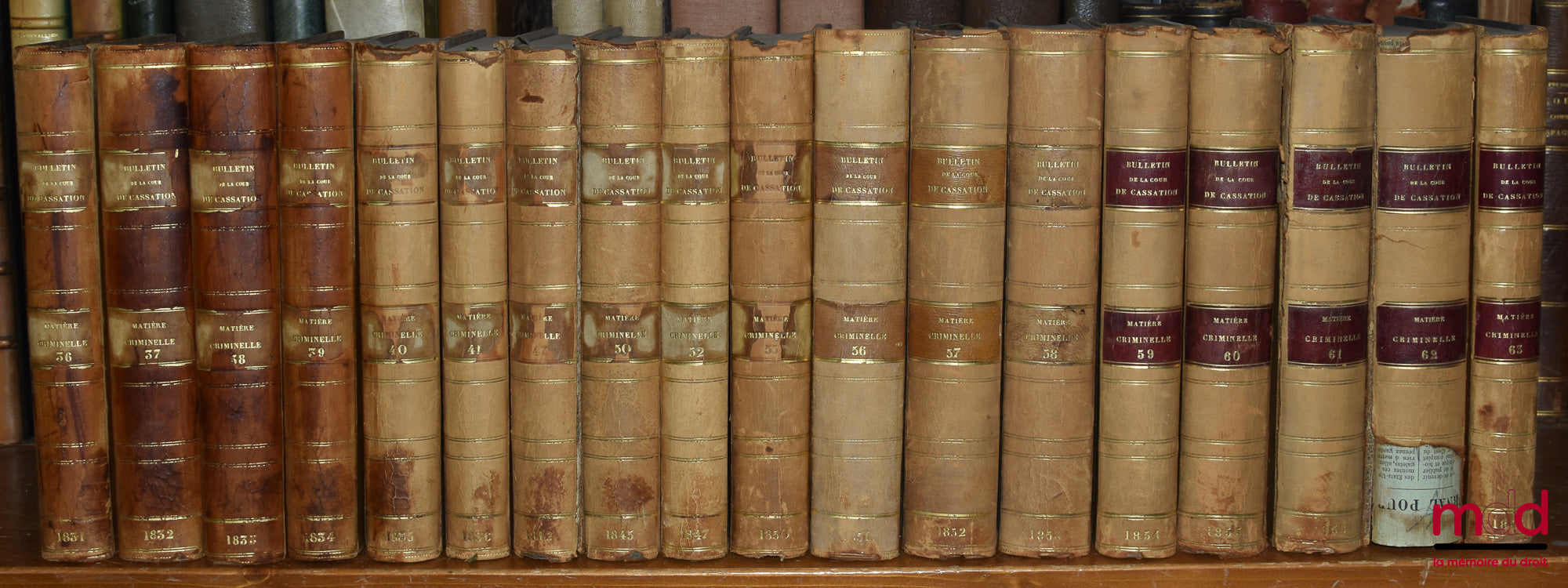 [Court of Cassation] – BULLETIN OF JUDGMENTS OF THE COURT OF CASSATION RENDERED IN CRIMINAL MATTERS, from 1831 to 1936 [missing 11 years]; Tables 1798-1856 (1 vol.); 1857-1873 (2 vols.)