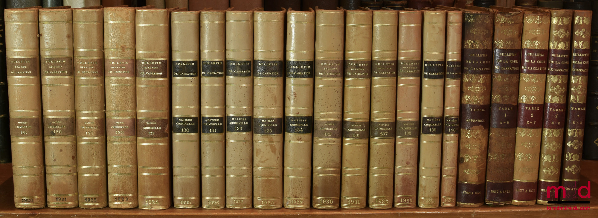 [Court of Cassation] – BULLETIN OF JUDGMENTS OF THE COURT OF CASSATION RENDERED IN CRIMINAL MATTERS, from 1831 to 1936 [missing 11 years]; Tables 1798-1856 (1 vol.); 1857-1873 (2 vols.)