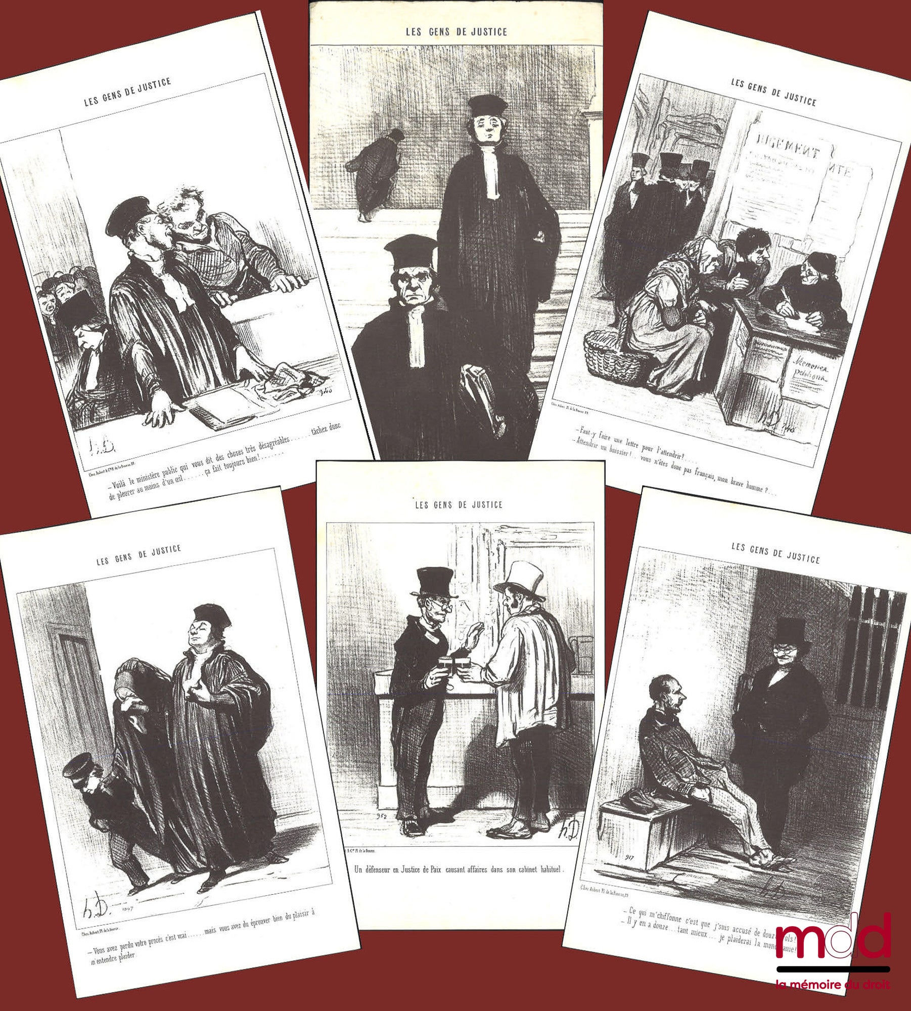 DAUMIER (Honoré) – THE PEOPLE OF JUSTICE, Set of six black and white lithograph reproductions, signed and originally published in Le Charivari and taken from the collection The People of Justice: “– What a pity that this charming little woman didn’t…”