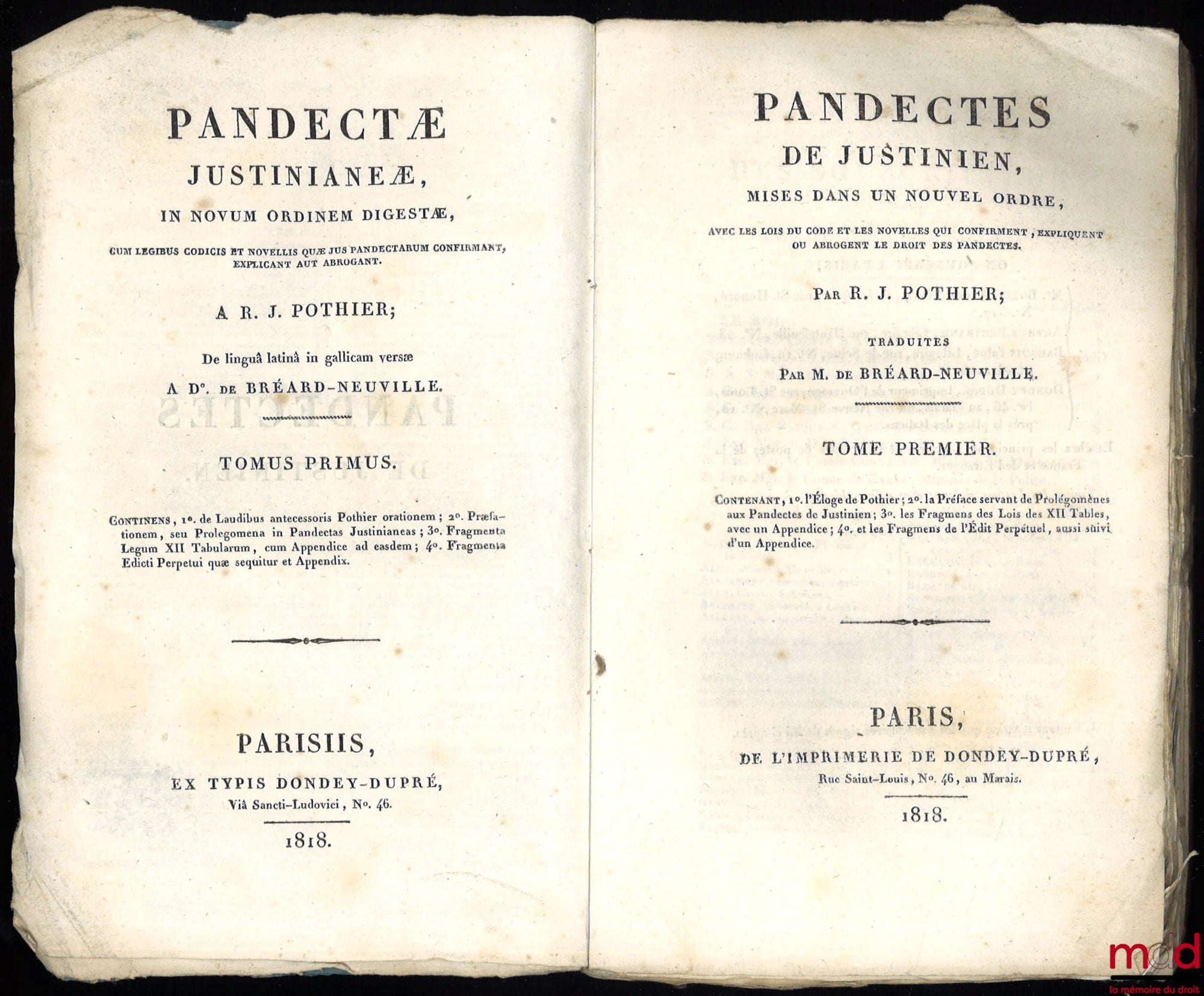POTHIER (Robert-Joseph) / MOREAU DE MONTALIN – PANDECTES DE JUSTINIEN mises dans un nouvel ordre, avec les lois du code et les novelles qui confirment, expliquent ou abrogent le droit des pandectes, traduites [du latin en français] par [l’abbé Pierre-Anto