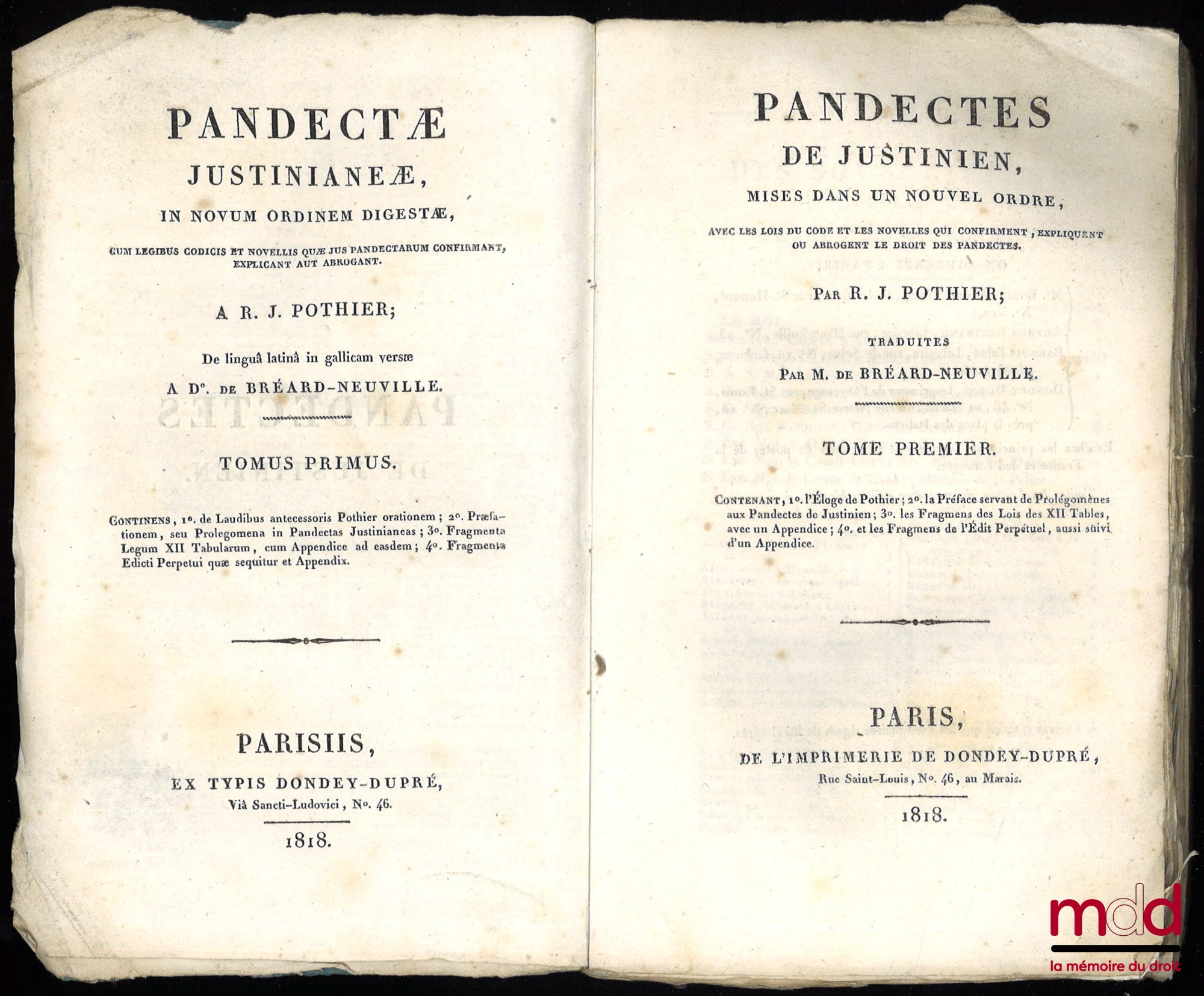 POTHIER (Robert-Joseph) / MOREAU DE MONTALIN – PANDECTES DE JUSTINIEN mises dans un nouvel ordre, avec les lois du code et les novelles qui confirment, expliquent ou abrogent le droit des pandectes, traduites [du latin en français] par [l’abbé Pierre-Anto