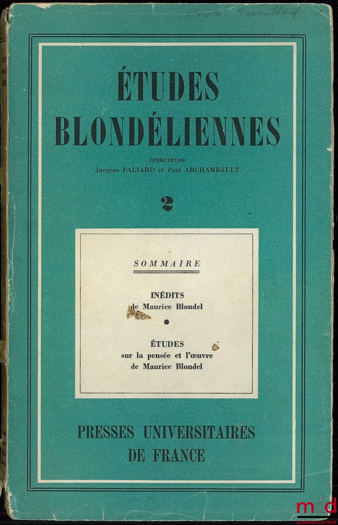 Anonyme – ETUDES BLONDÉLIENNES, directeurs Jacques Paliard et Paul Archambault, fasc. 2