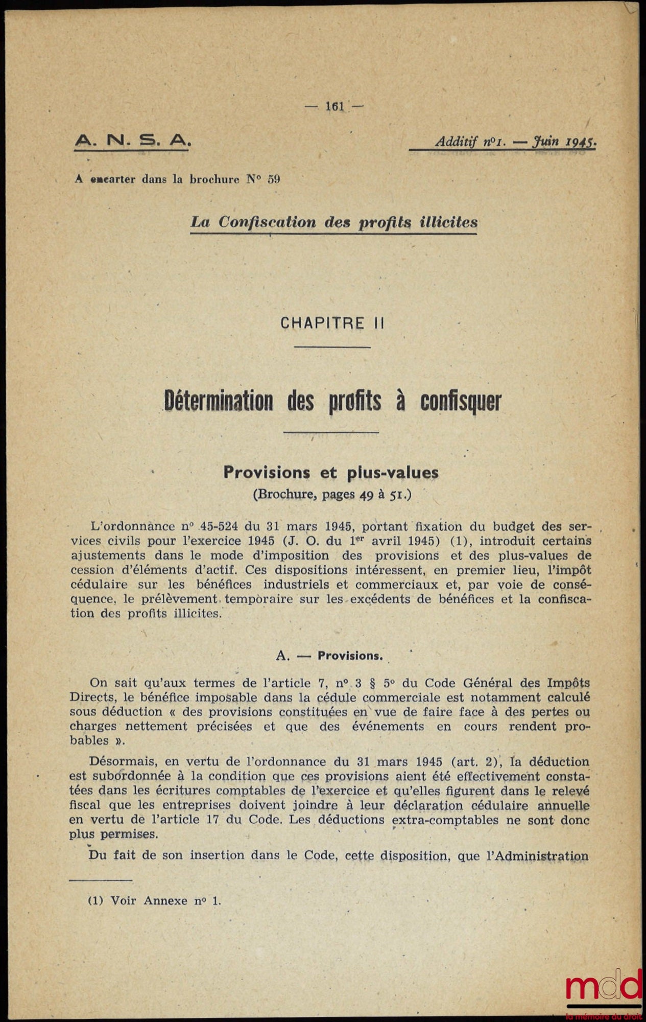 LECERCLÉ (Marcel) – THE CONFISCATION OF ILLICIT PROFITS, ANSA (National Association of Joint-Stock Companies), No. 59/1945, accompanied by two addenda No. 1 of June 1945 and No. 2 of January 1946