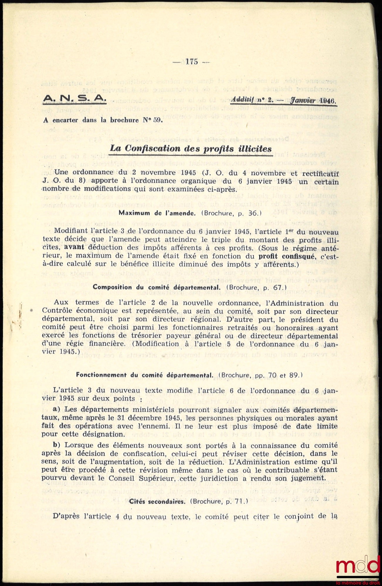 LECERCLÉ (Marcel) – THE CONFISCATION OF ILLICIT PROFITS, ANSA (National Association of Joint-Stock Companies), No. 59/1945, accompanied by two addenda No. 1 of June 1945 and No. 2 of January 1946