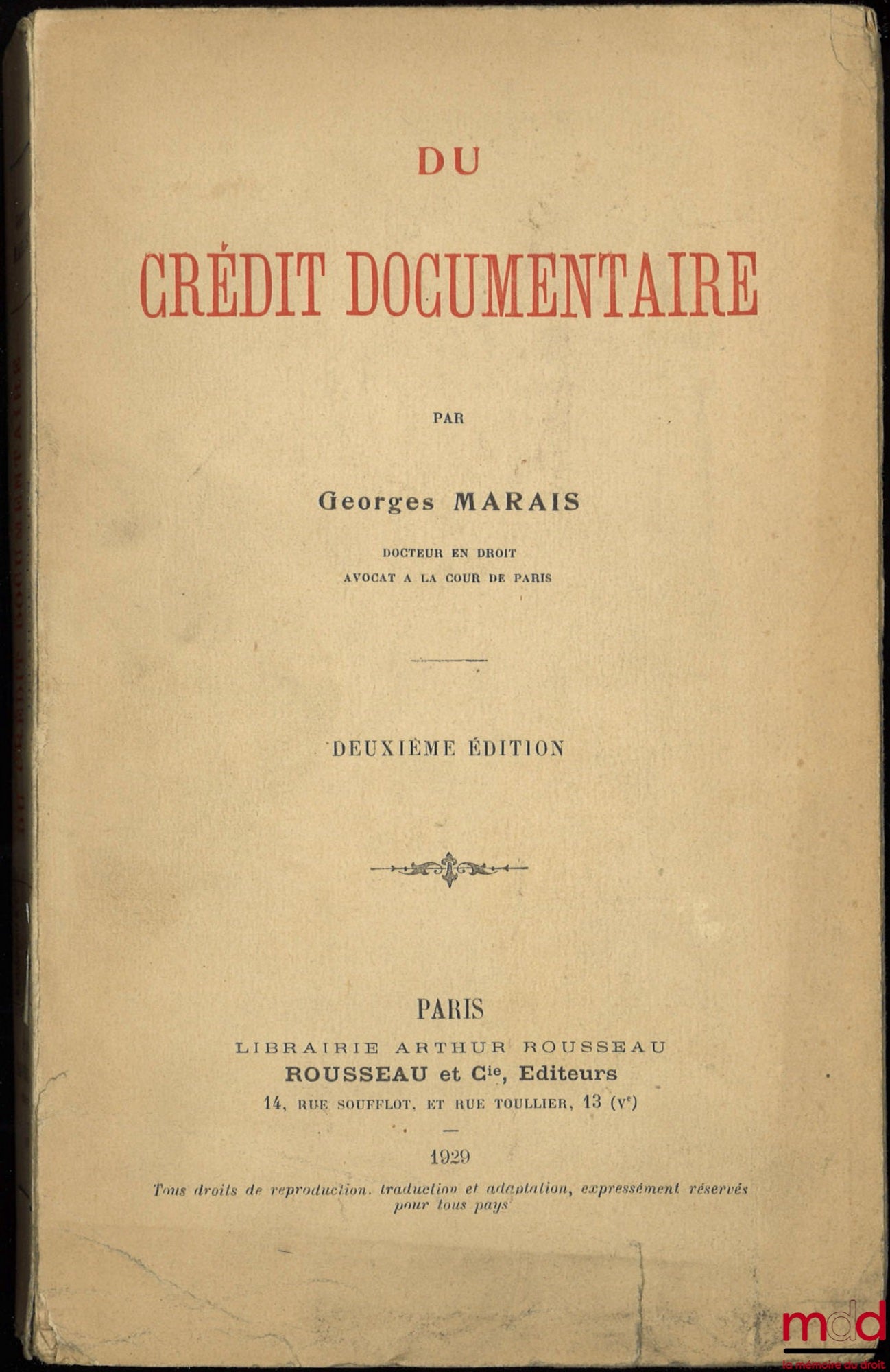 MARAIS (Georges) – DU CRÉDIT DOCUMENTAIRE, 2nd ed.