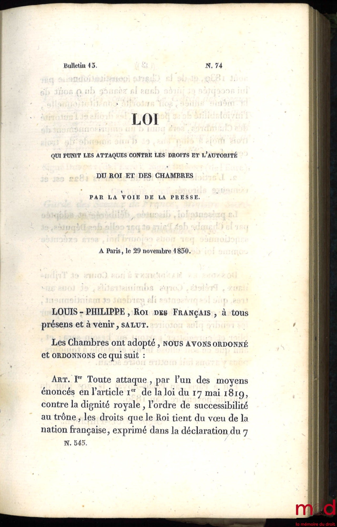 [BULLETIN OF LAWS] – LAW ON THE APPLICATION OF JURY TO PRESS AND POLITICAL OFFENSES, Bulletin 9 No. 68, October 8, 1830; LAW PUNISHING ATTACKS AGAINST THE RIGHTS AND AUTHORITY OF THE KING AND THE CHAMBERS THROUGH THE PRESS, Bulletin 43 No.