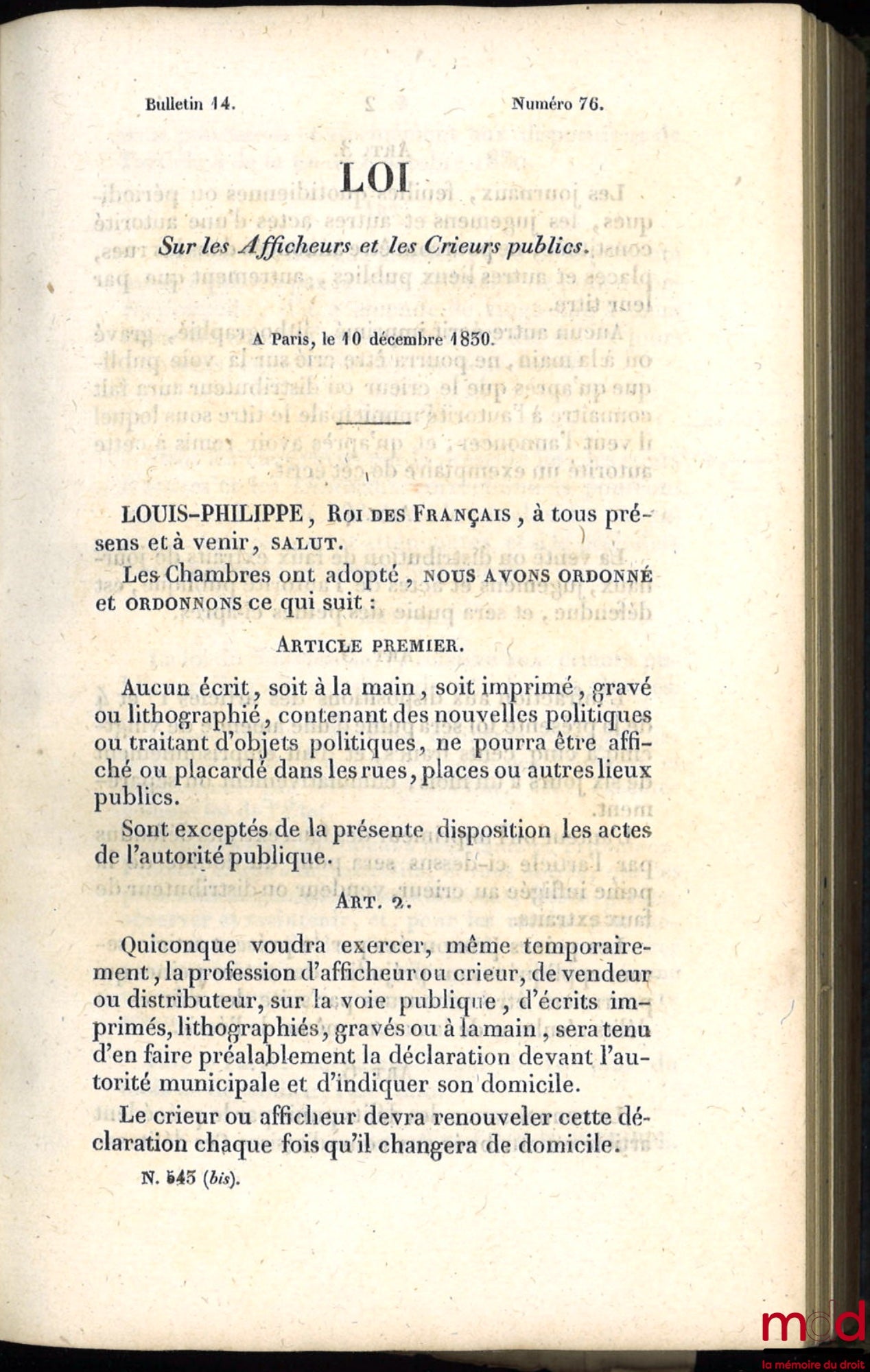 [BULLETIN DES LOIS] – LOI SUR L’APPLICATION DU JURY AUX DÉLITS DE LA PRESSE ET AUX DÉLITS POLITIQUES, Bulletin 9 n° 68, 8 octobre 1830 ; LOI QUI PUNIT LES ATTAQUES CONTRE LES DROITS ET L’AUTORITÉ DU ROI ET DES CHAMBRES PAR LA VOIE DE PRESSE, Bulletin 43 n