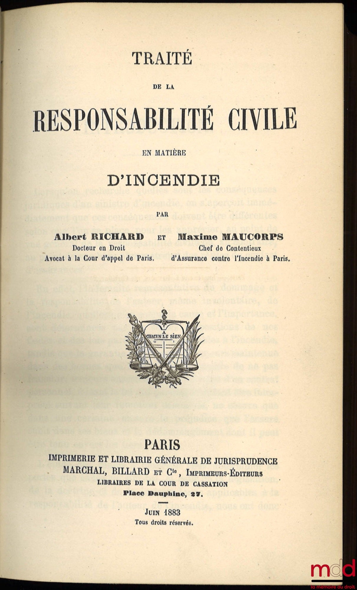 RICHARD (Albert) and MAUCORPS (Maxime) – TREATISE ON CIVIL LIABILITY IN MATTERS OF FIRE