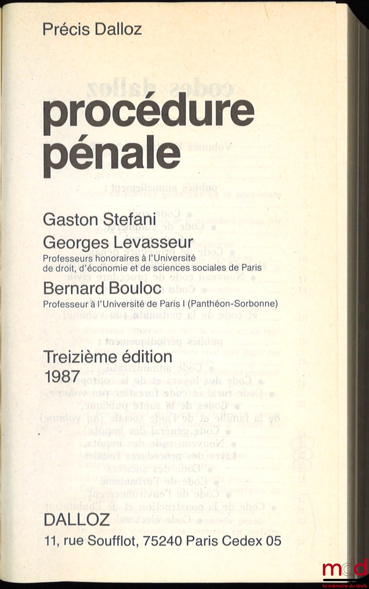 STEFANI (Gaston), LEVASSEUR (Georges) et BOULOC (Bernard) – PROCÉDURE PÉNALE, 13e éd., coll. Précis Dalloz