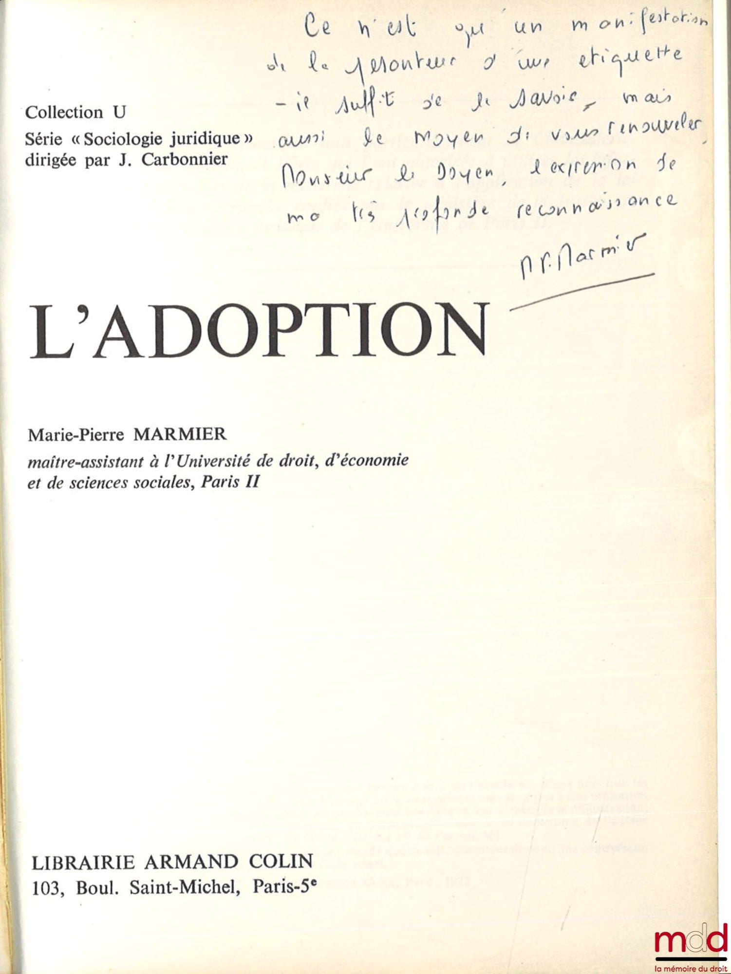 MARMIER (Marie-Pierre) – L’ADOPTION, coll. U / sociologie juridique