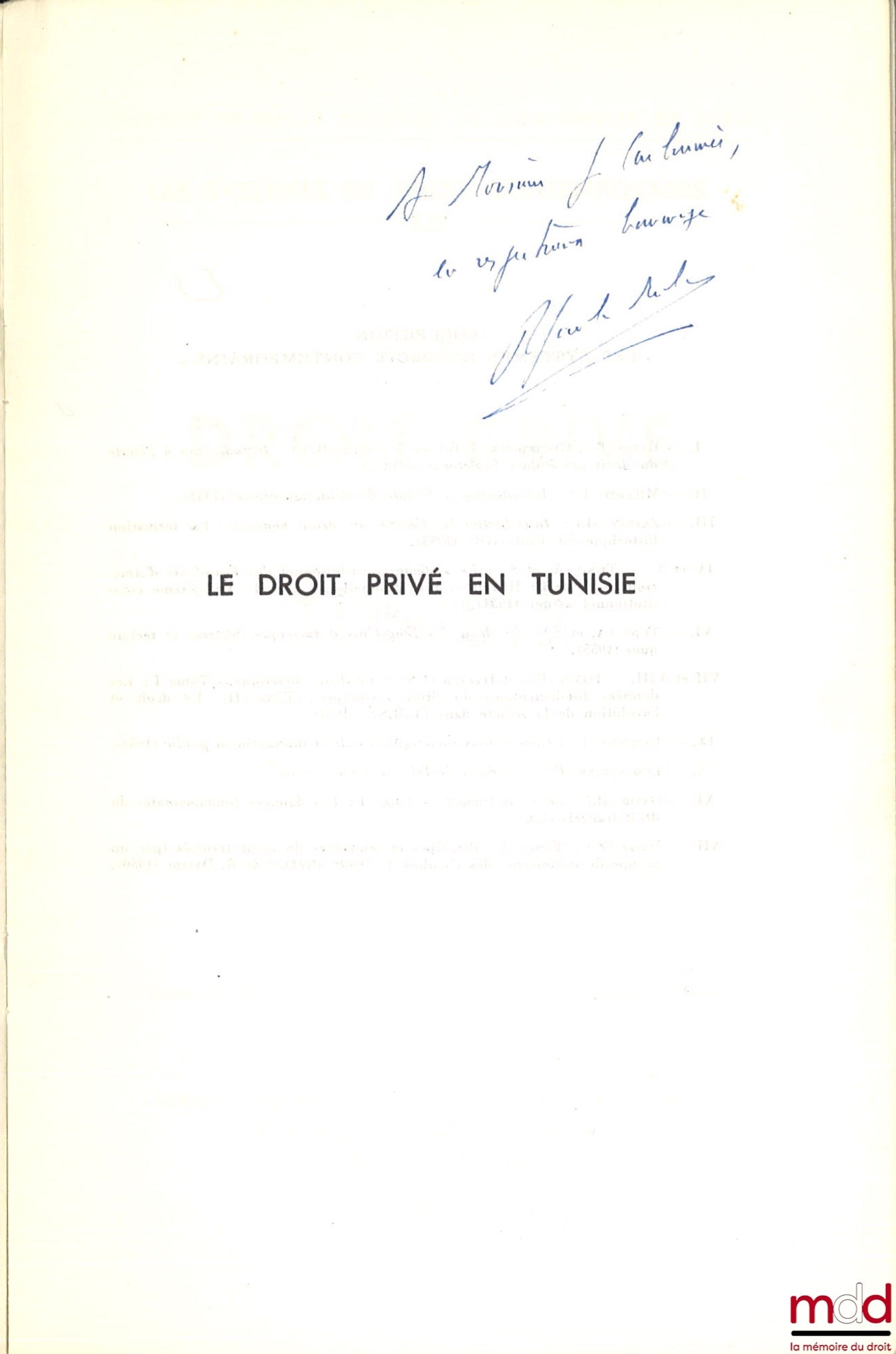 JAMBU-MERLIN (Roger) – LE DROIT PRIVÉ EN TUNISIE, Institut de droit comparé de l’Université de Paris, série Les systèmes de droit contemporains, t. XIII