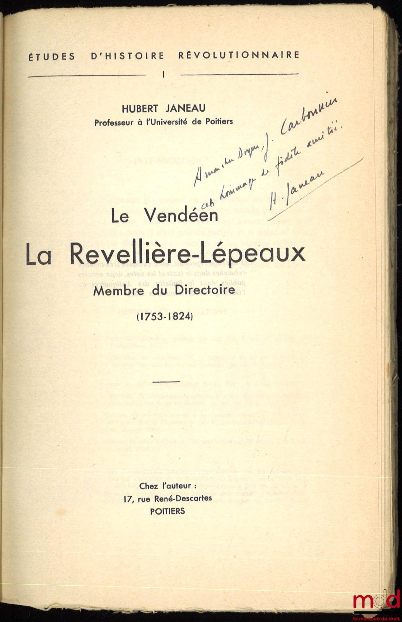 JANEAU (Hubert) – LE VENDÉEN LA REVELLIÈRE-LÉPEAUX MEMBRE DU DIRECTOIRE (1753-1824), coll. Études d’histoire révolutionnaire