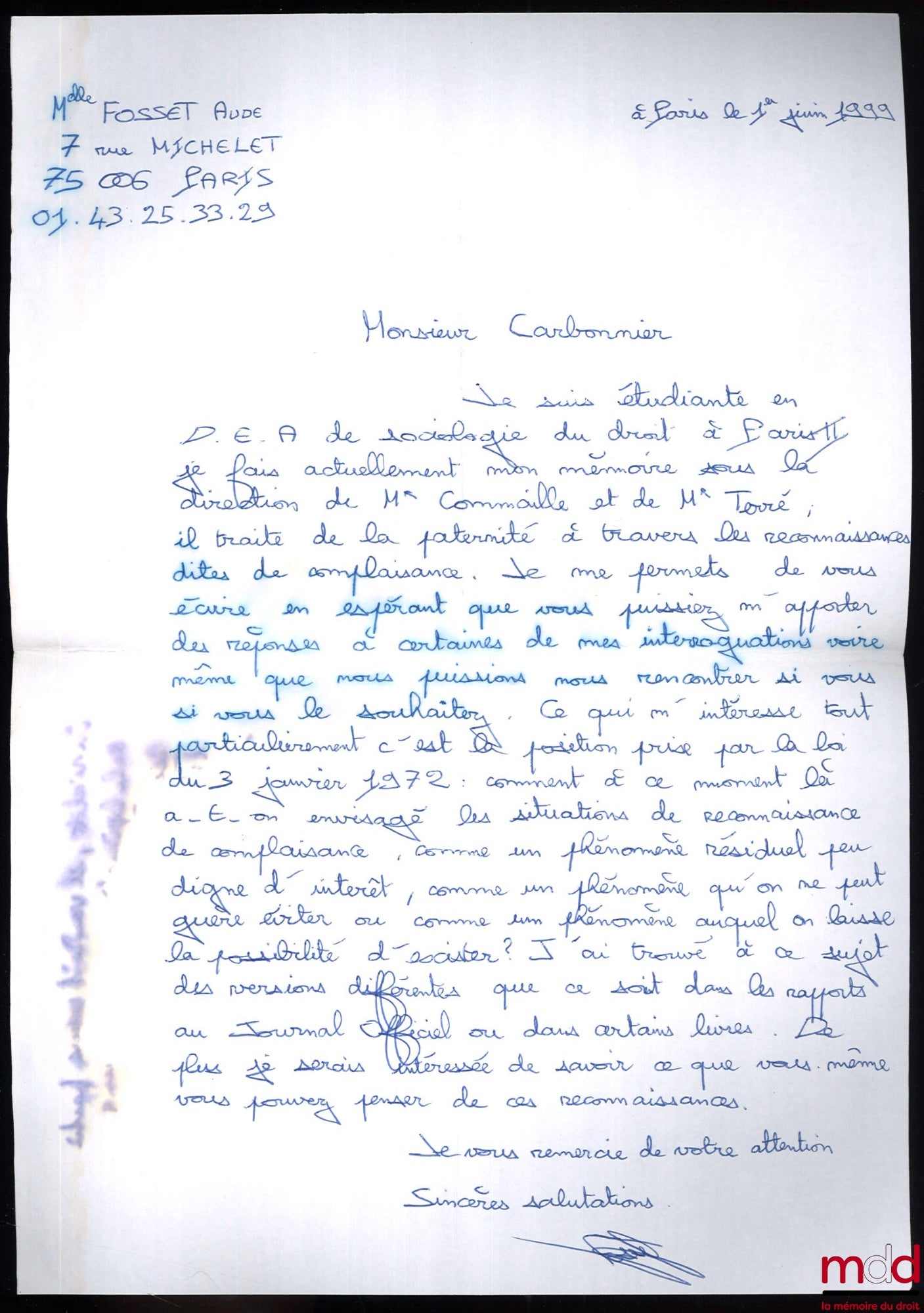 FOSSET (Aude) – LA PATERNITÉ À TRAVERS LES RECONNAISSANCES DITES DE COMPLAISANCE, Mémoire de D.E.A. réalisé sous la direction de Jacques Commaille, année 1998-1999