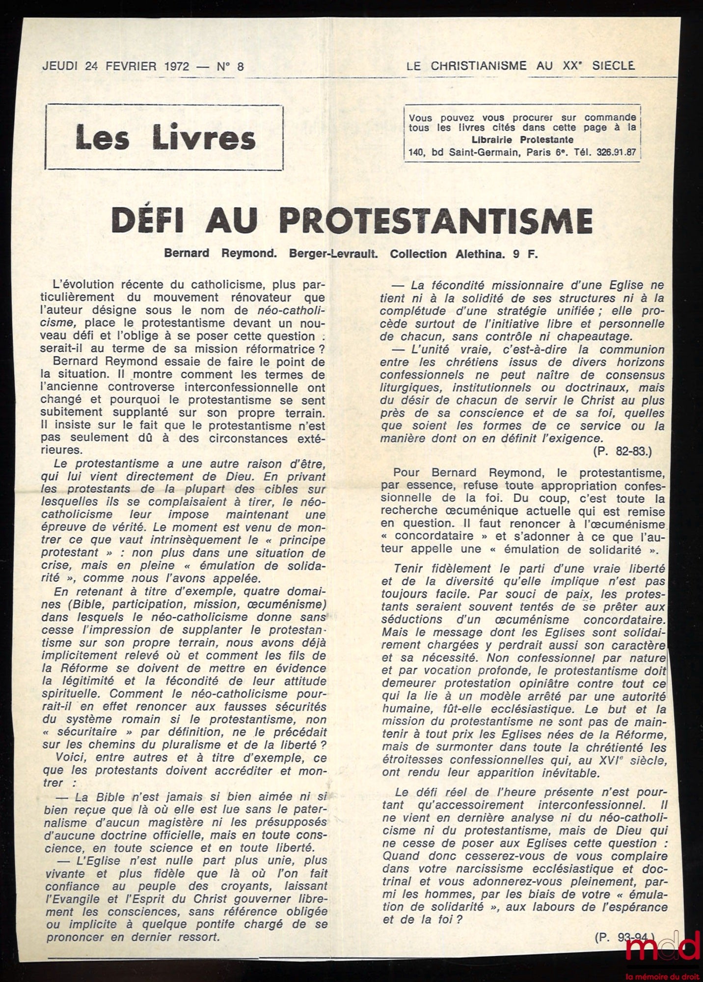 REYMOND (Bernard) – DÉFI AU PROTESTANTISME, coll. Alethina