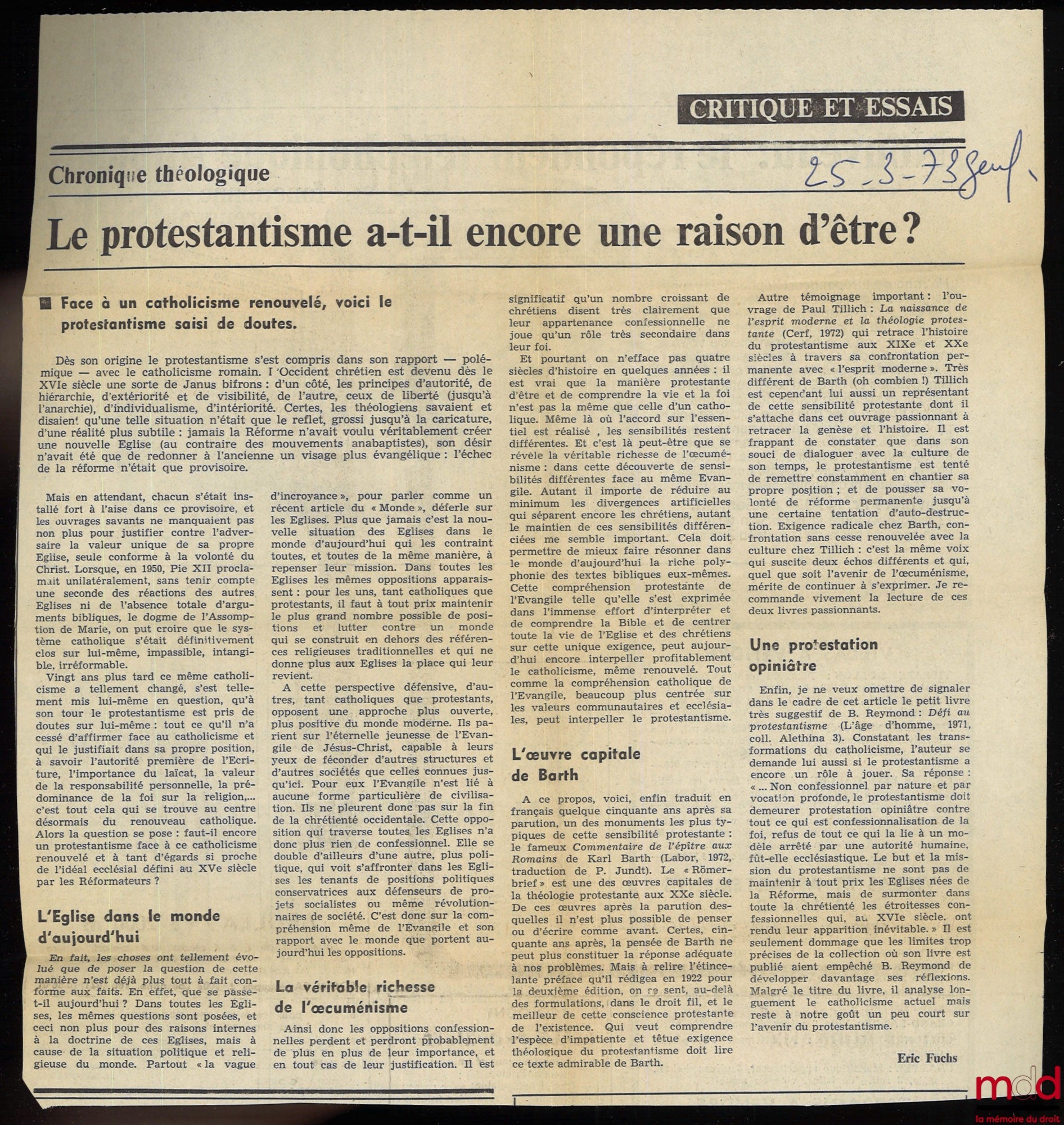 REYMOND (Bernard) – DÉFI AU PROTESTANTISME, coll. Alethina
