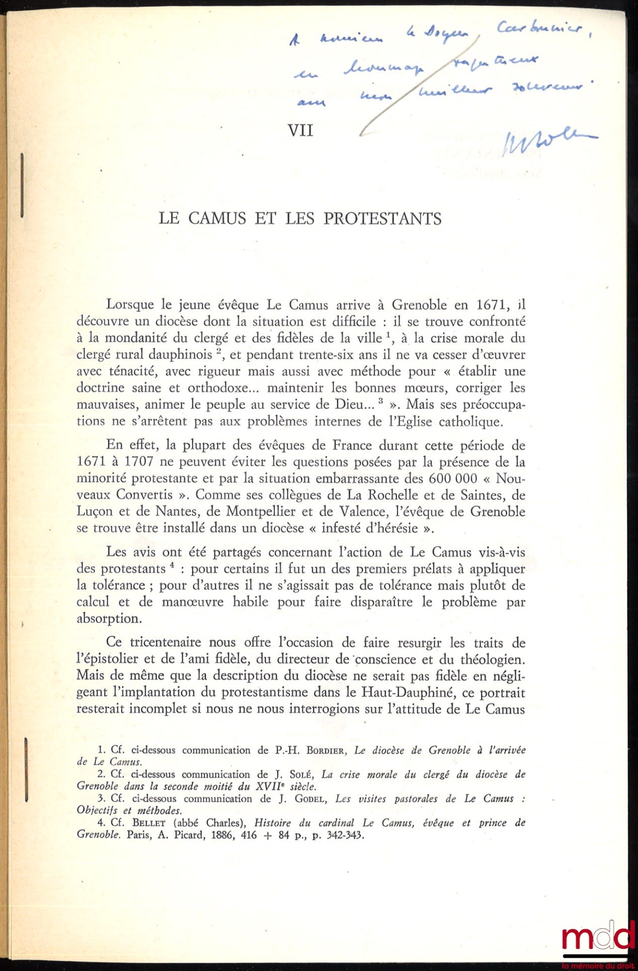 BOLLE (Pierre) – LE CAMUS AND THE PROTESTANTS, excerpt from The Cardinal of the Mountains, Étienne Le Camus, Bishop of Grenoble (1671-1707) presented by Jean Godel