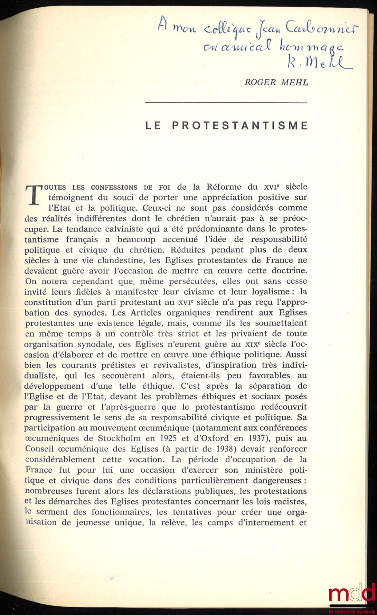 MEHL (Roger) – PROTESTANTISM, excerpt from Religious Forces and Political Attitudes in Contemporary France, Cahier 130 of the National Foundation for Political Science