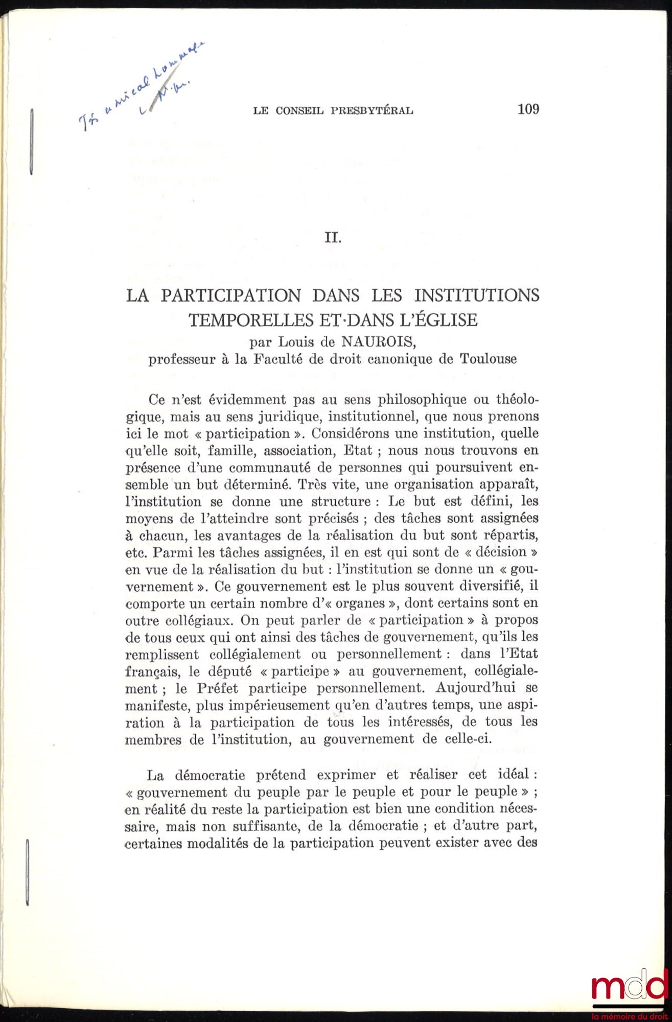 NAUROIS (Louis de) – THE PRESBYTERAL COUNCIL, extract from the Revue de droit canonique, June 1970, vol. XX