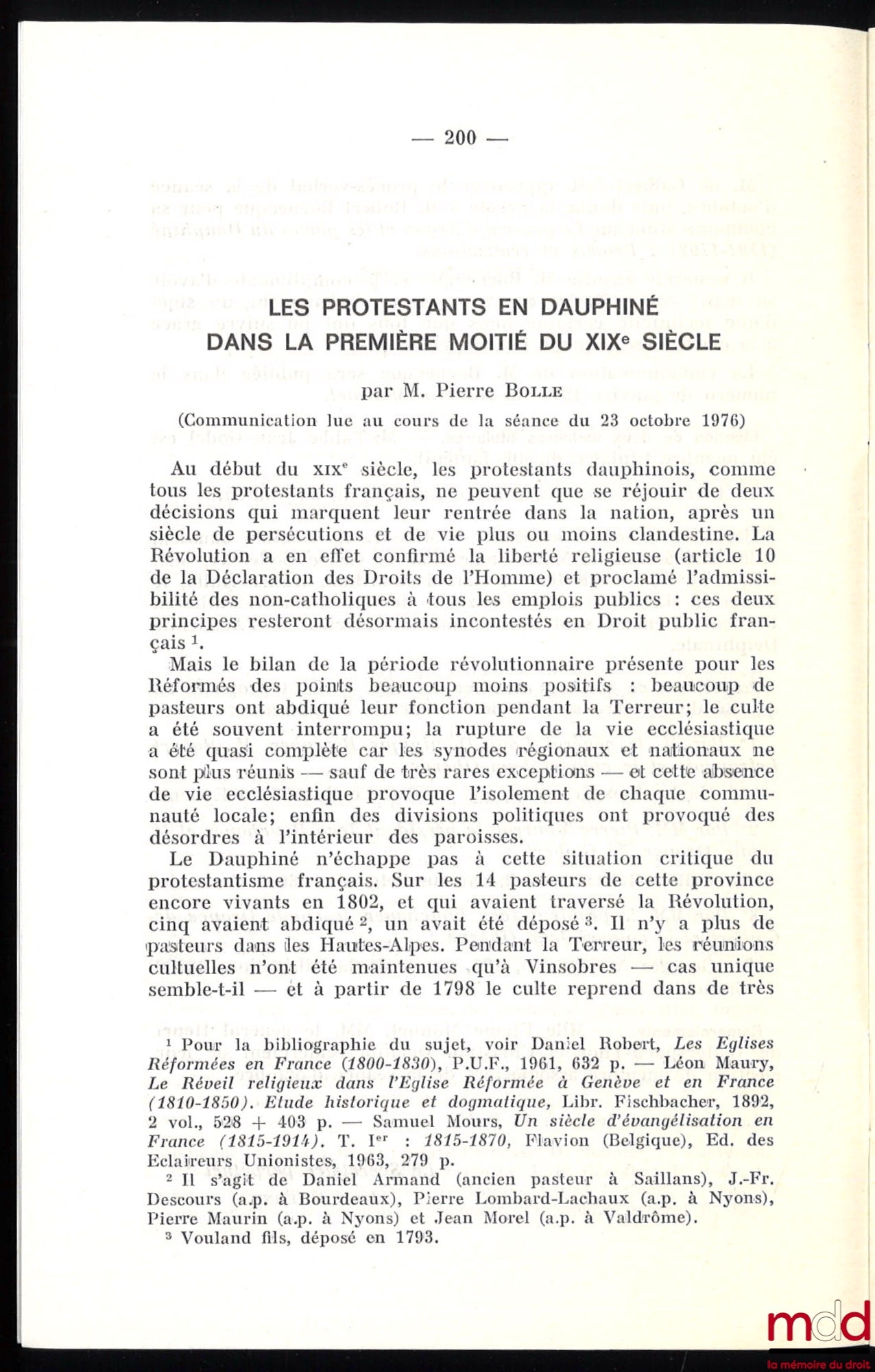 BOLLE (Pierre) – THE PROTESTANTS IN DAUPHINÉ IN THE FIRST HALF OF THE 19TH CENTURY, Monthly Bulletin of the Académie Delphinale, December 1976