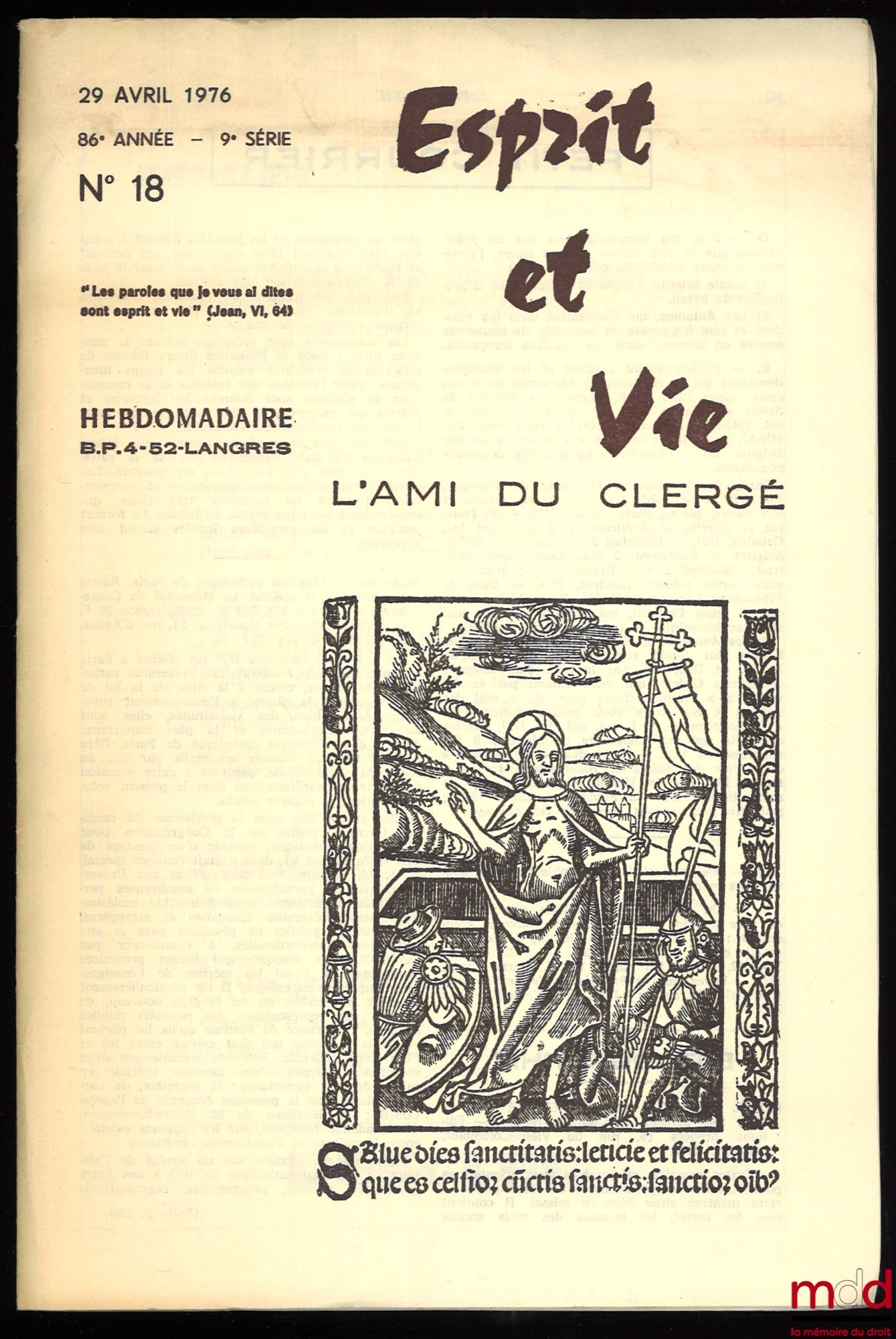 NAUROIS (Louis de) – MARIAGE RELIGIEUX ET MARIAGE CIVIL, Esprit et Vie / L’Ami du clergé, n° 18, 29 avril 1976