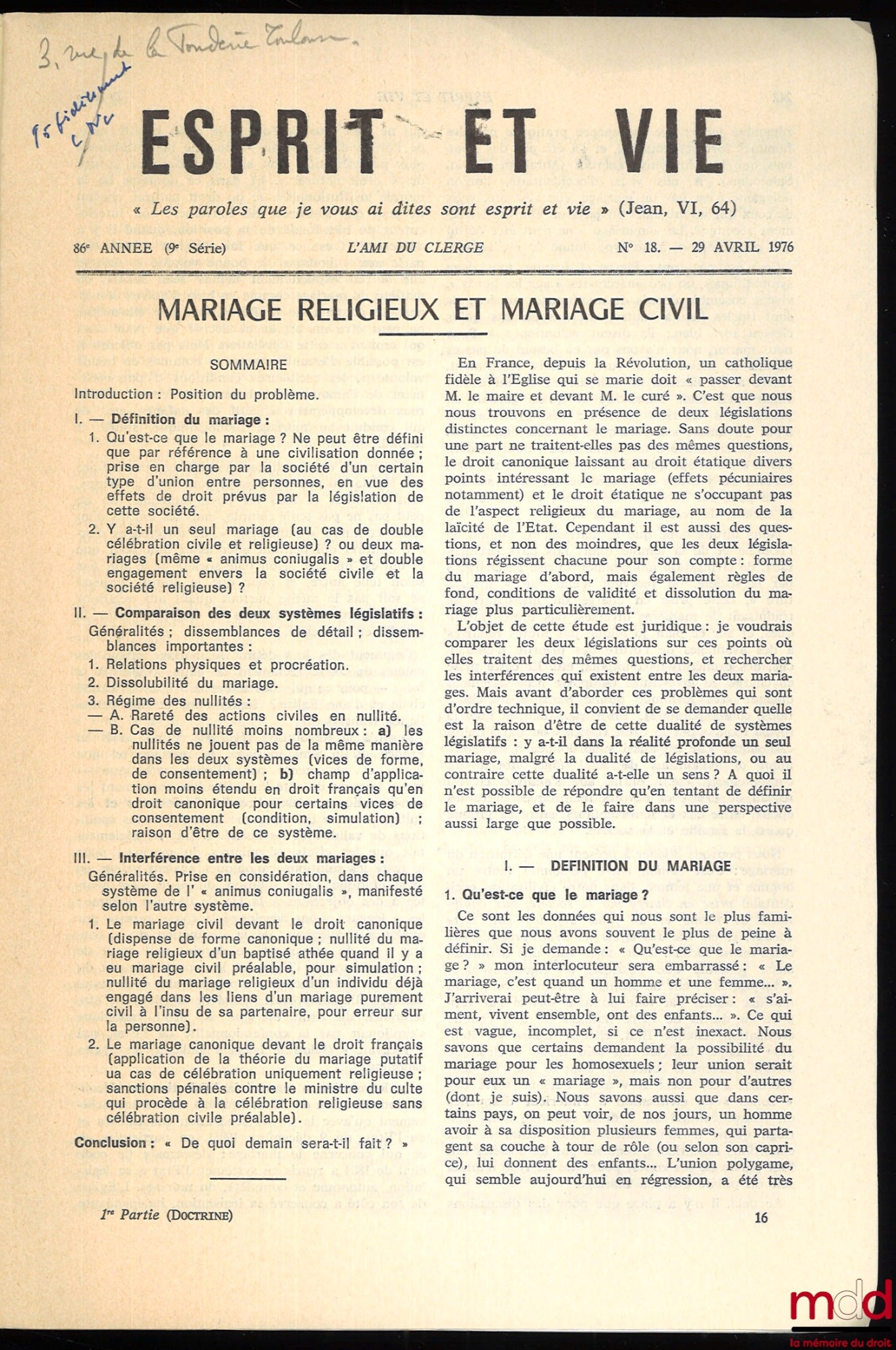 NAUROIS (Louis de) – MARIAGE RELIGIEUX ET MARIAGE CIVIL, Esprit et Vie / L’Ami du clergé, n° 18, 29 avril 1976