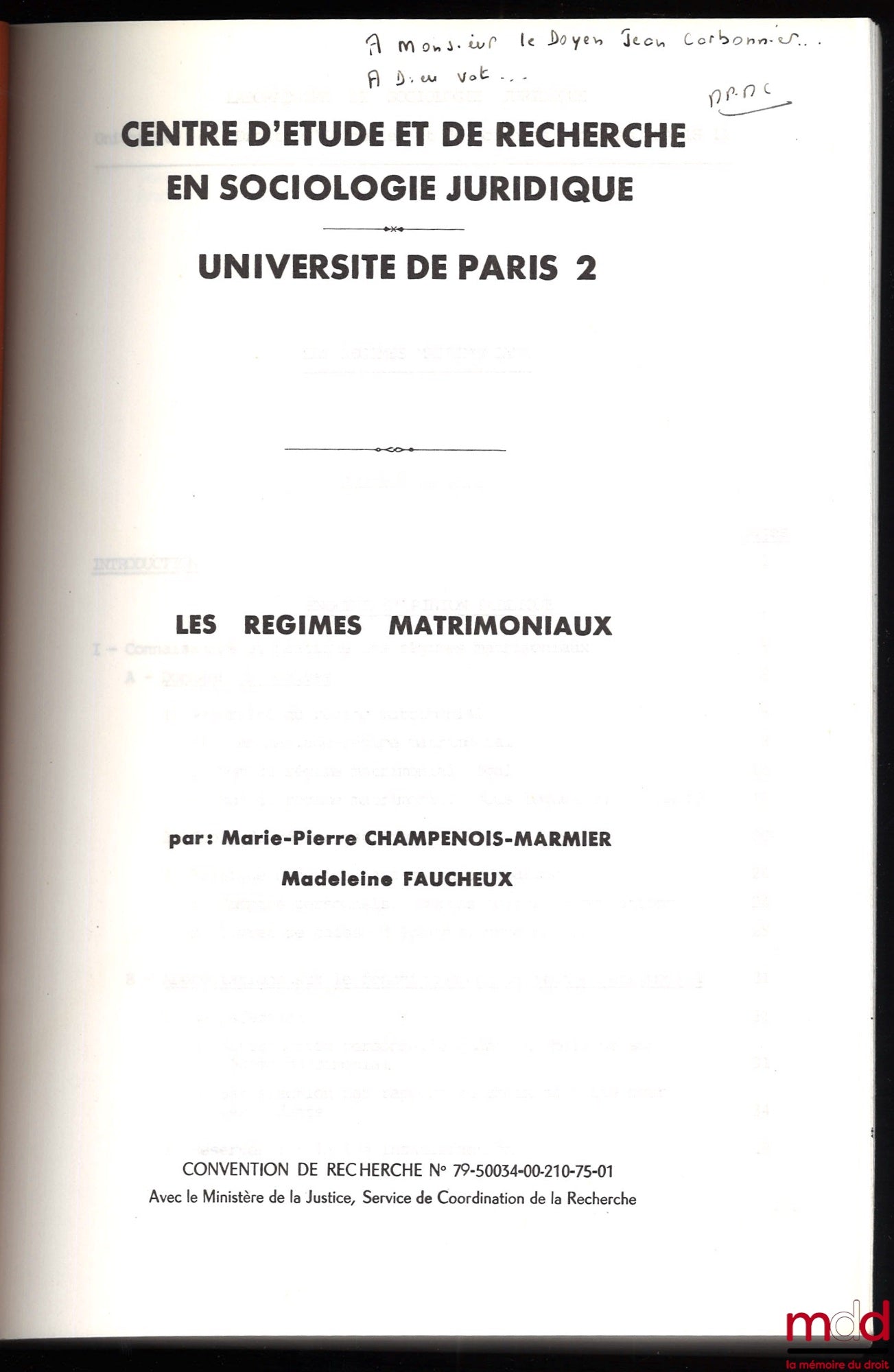 CHAMPENOIS-MARMIER (Marie-Pierre) and FAUCHEUX (Madeleine) – MATRIMONIAL REGIMES, Centre for Study and Research in Legal Sociology, University of Paris 2