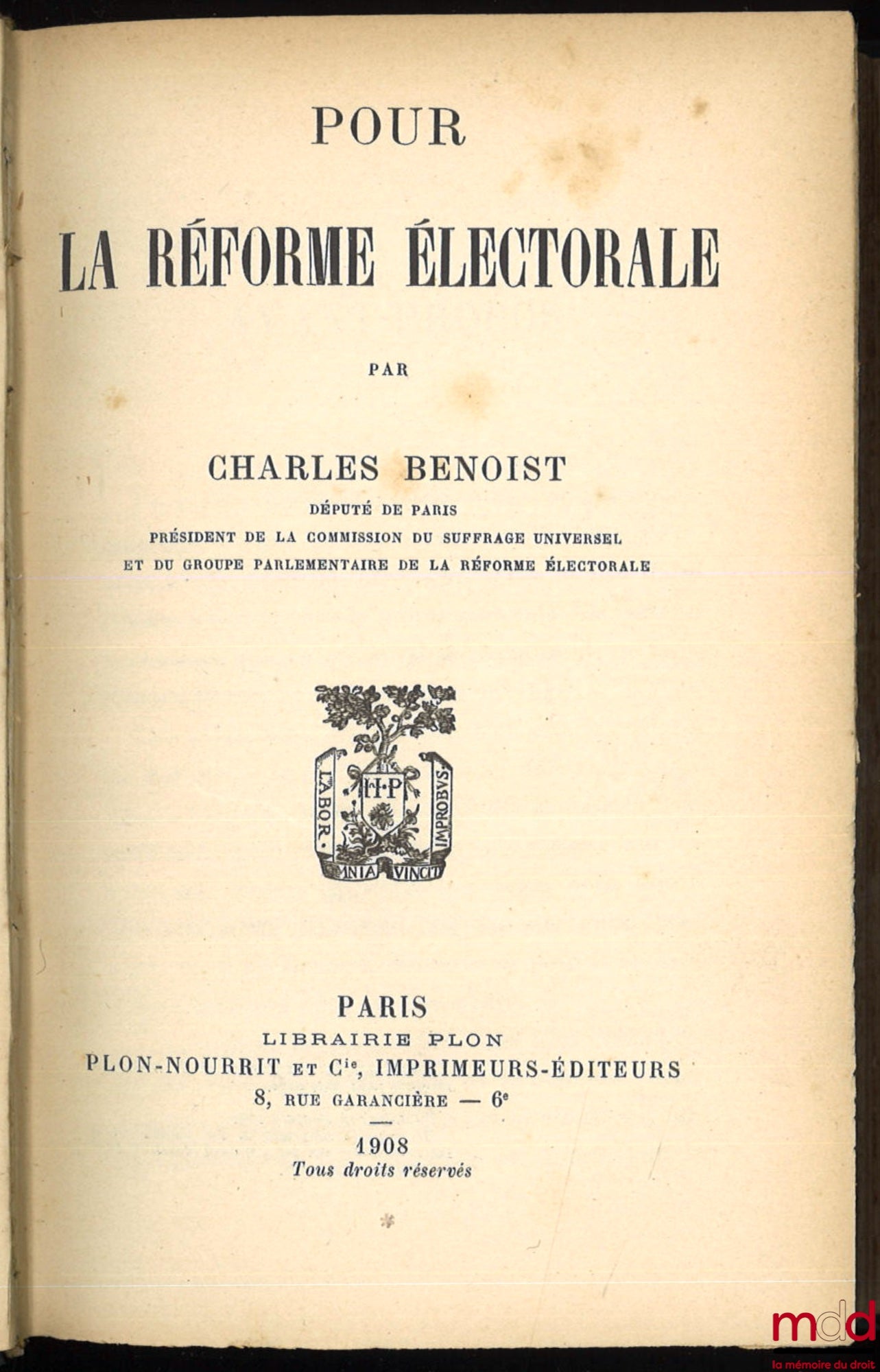 BENOIST (Charles) – FOR ELECTORAL REFORM