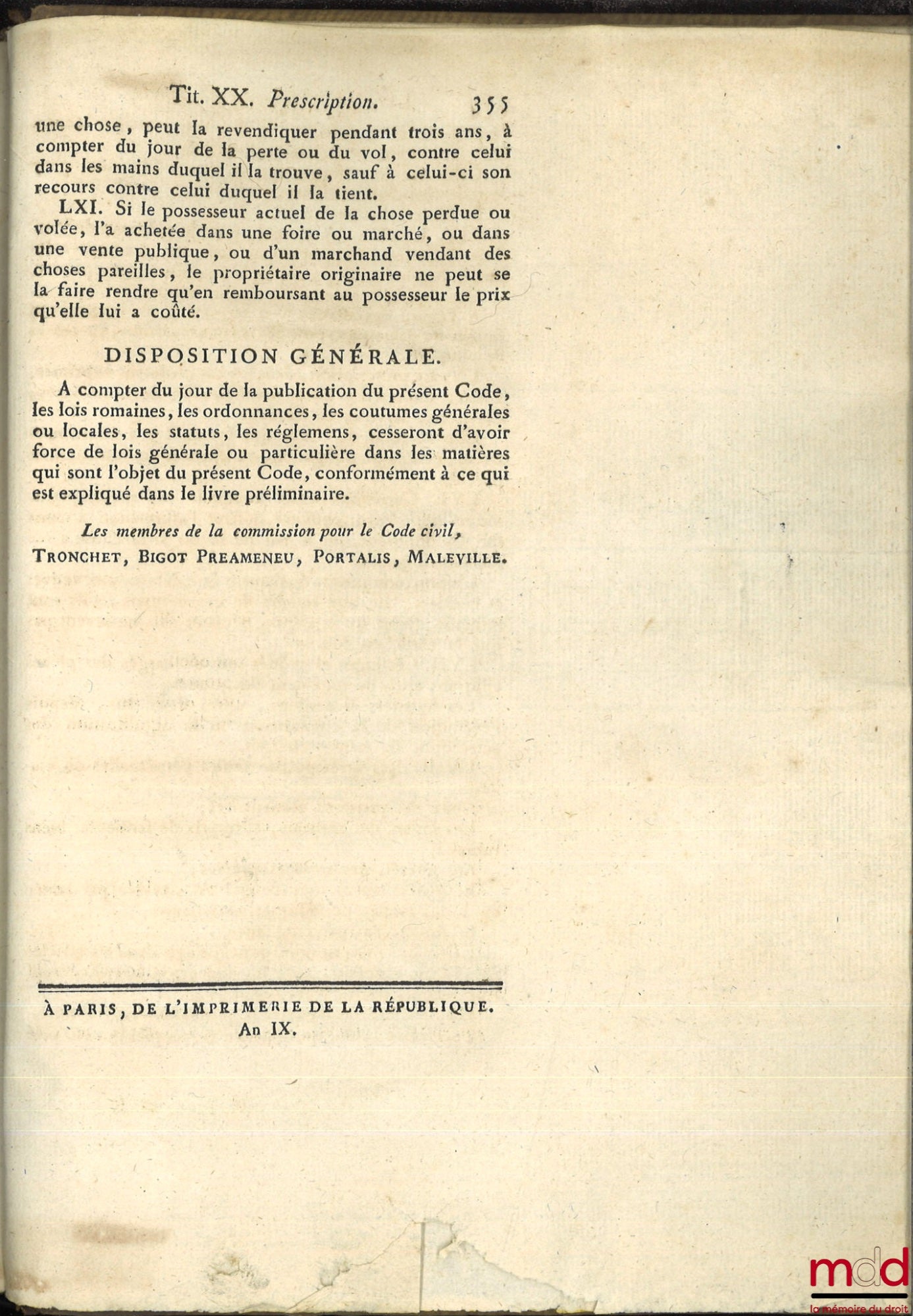 [Civil Code] – DRAFT CIVIL CODE PRESENTED BY THE COMMISSION APPOINTED BY THE GOVERNMENT ON 24 THERMIDOR YEAR VIII