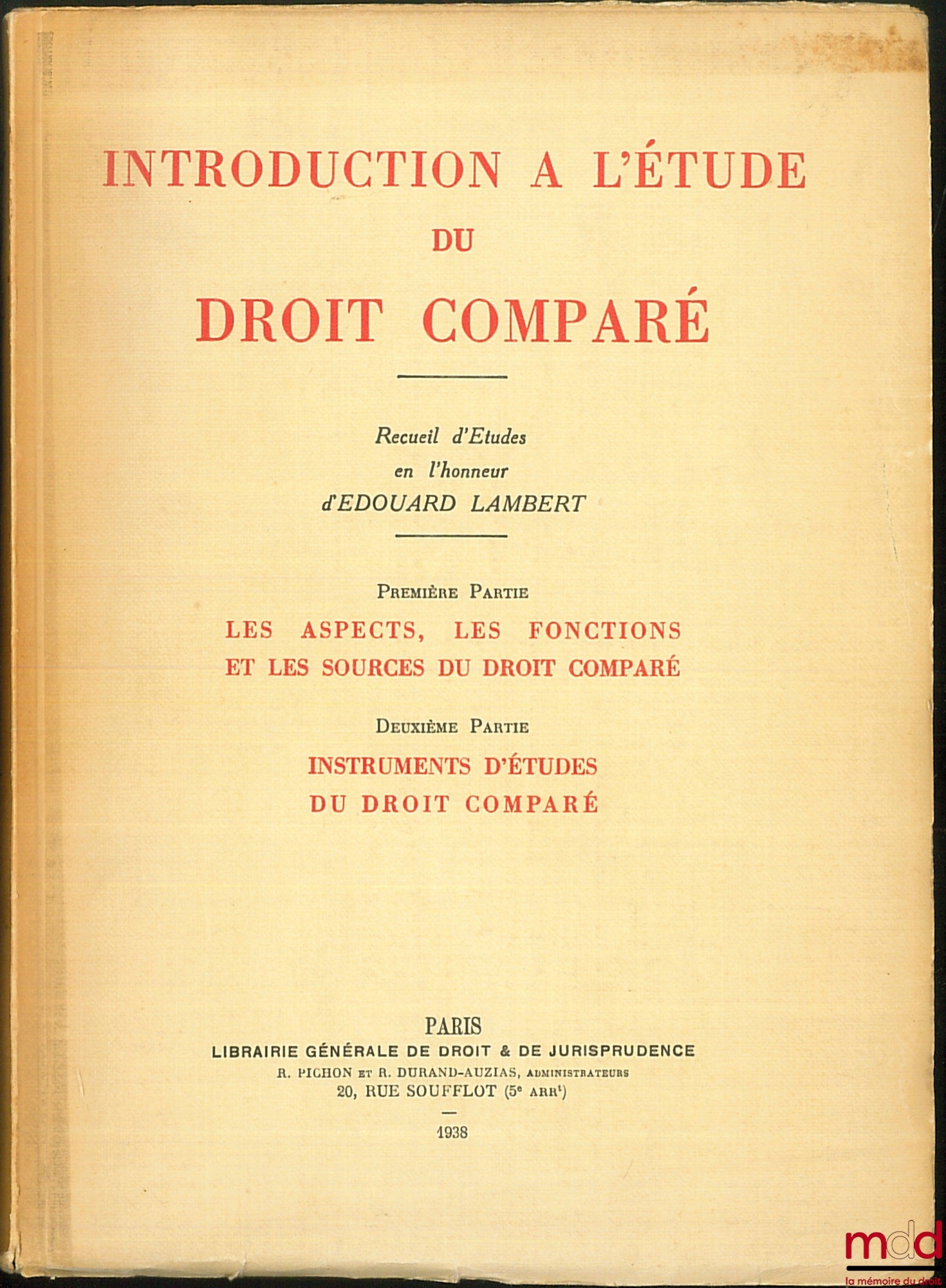 [Lambert (Édouard) Miscellany] – INTRODUCTION TO THE STUDY OF COMPARATIVE LAW, Collection of studies in honor of Édouard Lambert
