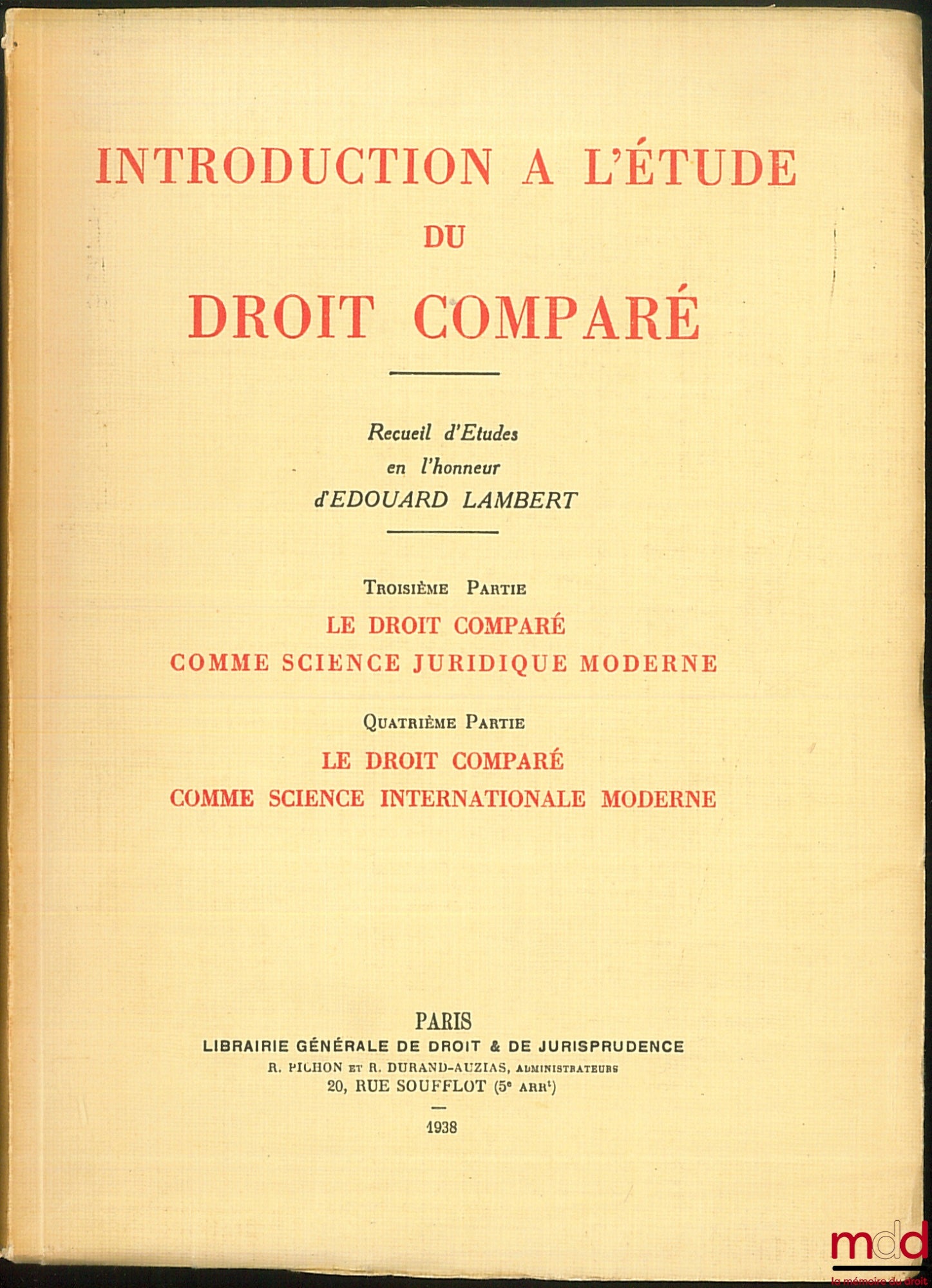 [Lambert (Édouard) Miscellany] – INTRODUCTION TO THE STUDY OF COMPARATIVE LAW, Collection of studies in honor of Édouard Lambert