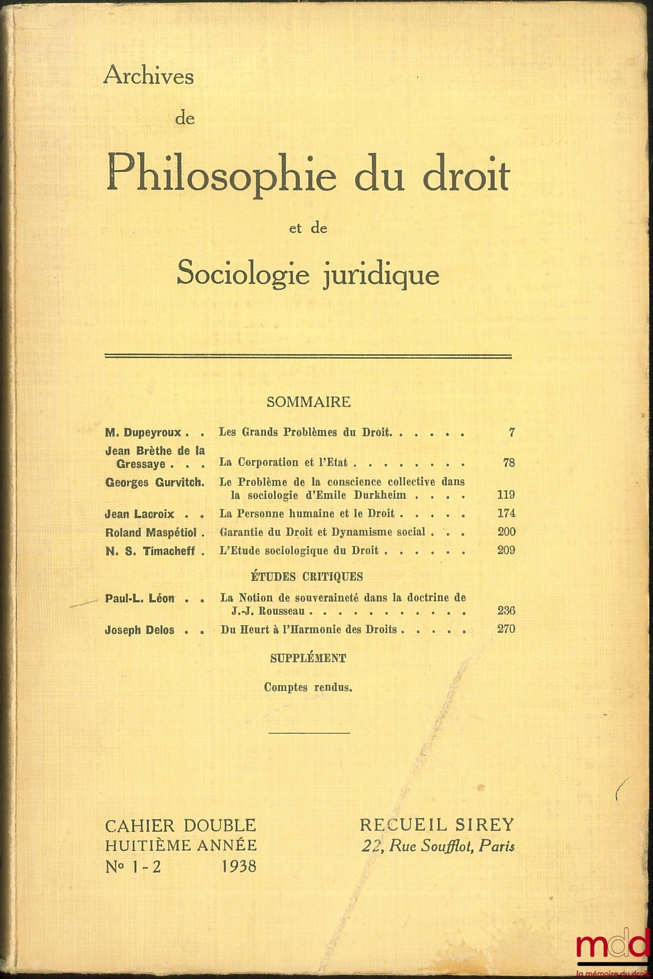 [Archives de Philosophie du Droit et de Sociologie Juridique - APD] – Livraison n° 1-2 / 1938