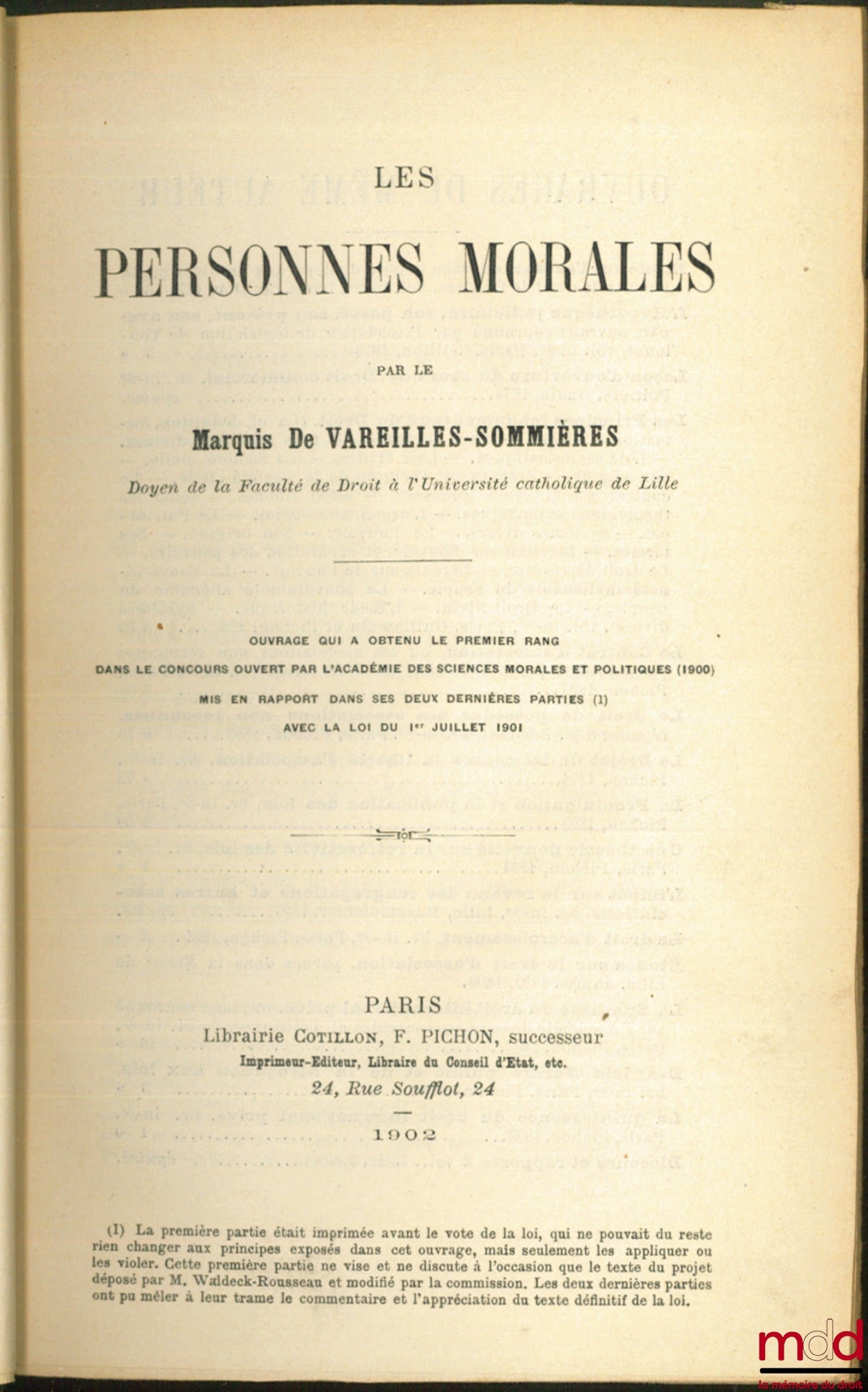 VAREILLES-SOMMIÈRES (Marie-Gabriel-André de la Broüe, vicomte de) – LES PERSONNES MORALES