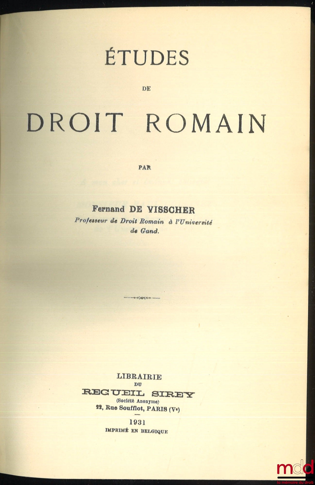 VISSCHER (Fernand de) – STUDY OF ROMAN LAW