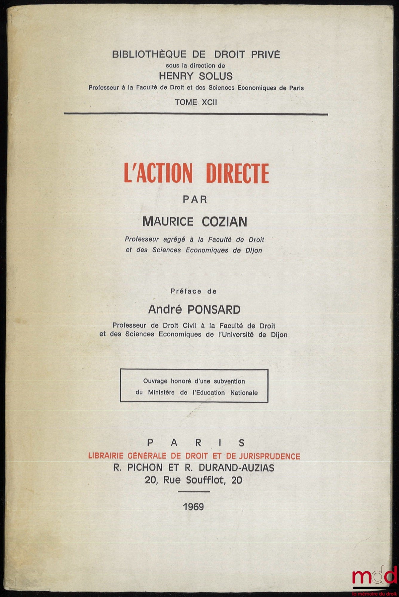 COZIAN (Mauritius) – DIRECT ACTION, Preface by André Ponsard, Bibl. of private law, t. XCII