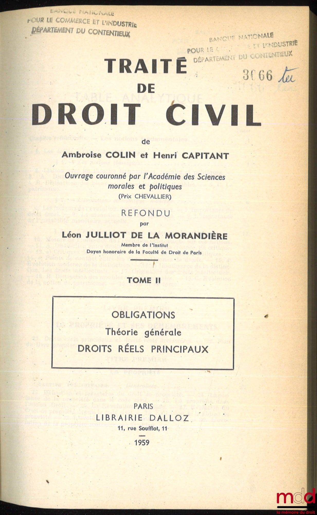 COLIN (Ambroise), CAPITANT (Henri) and JULLIOT DE LA MORANDIÈRE (Léon) – TREATISE ON CIVIL LAW of AC and HC revised by L. Julliot de la Morandière