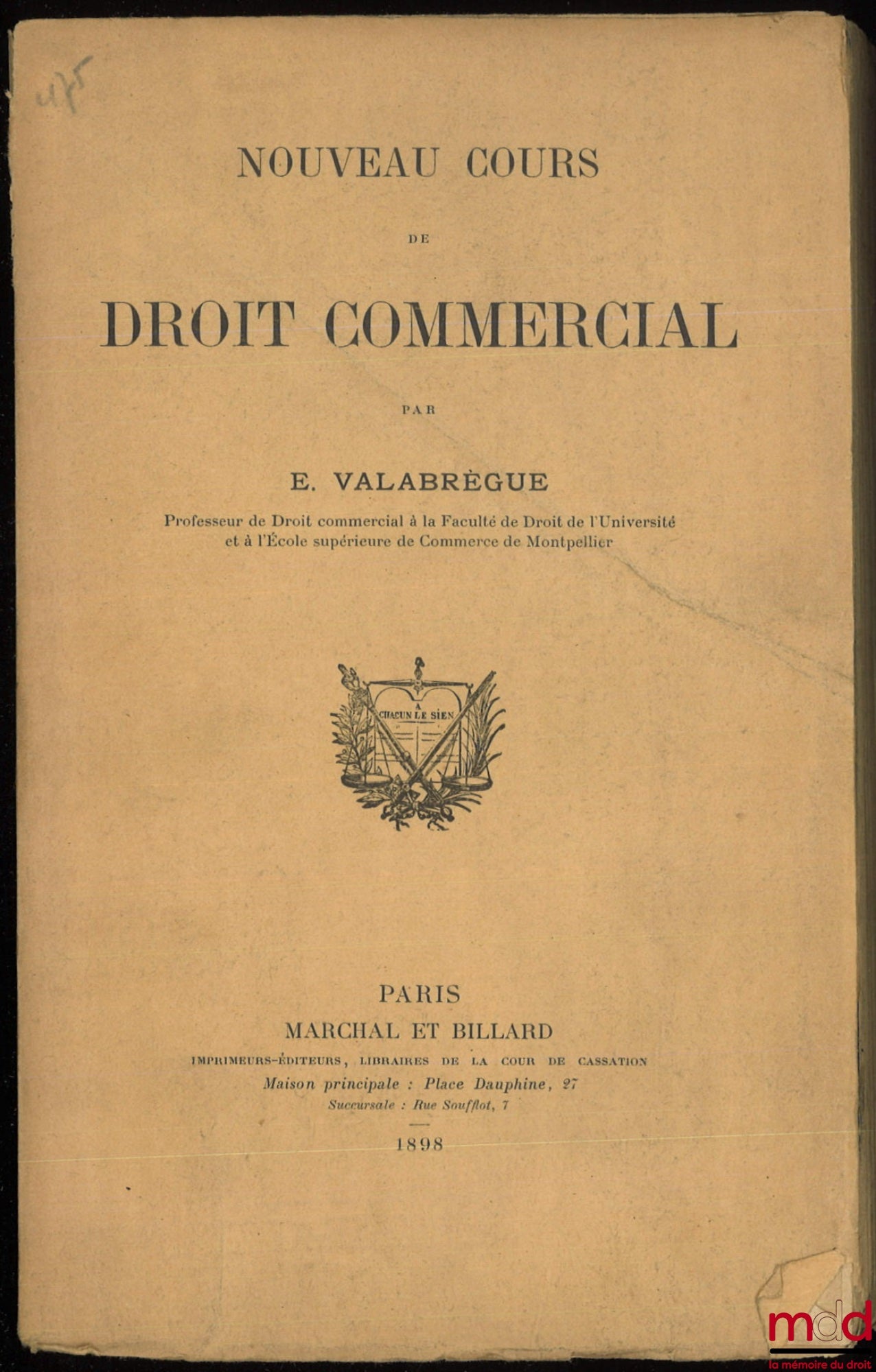 VALABRÈGUE (Edmond) – NOUVEAU COURS DE DROIT COMMERCIAL