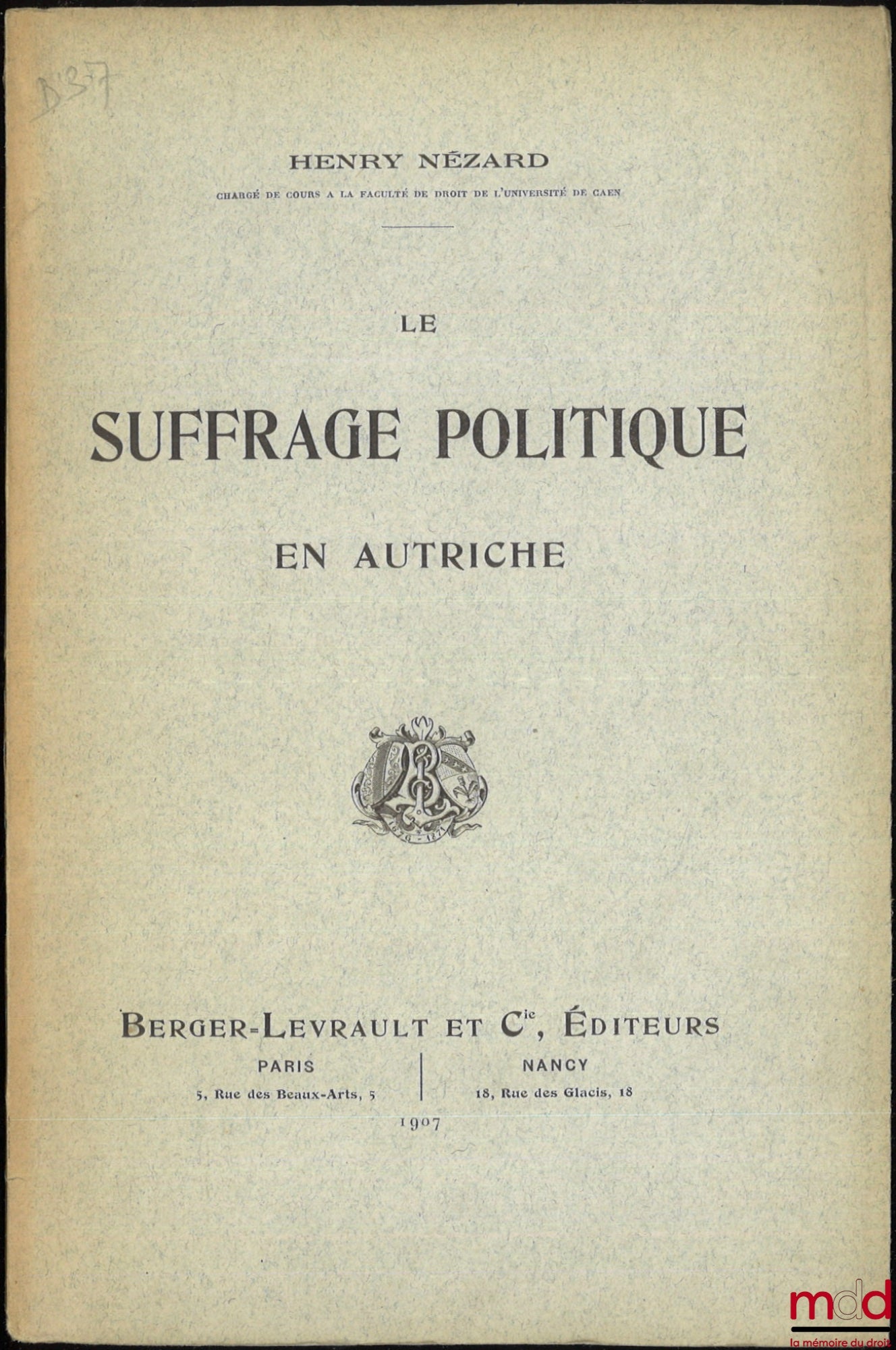 NÉZARD (Henry) – POLITICAL SUFFRAGE IN AUSTRIA