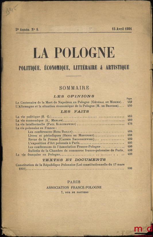 [Review] – POLAND, Political, Economic, Literary and Artistic, Bulletin of Studies and Information, 2nd Year, No. 8, April 15, 1921