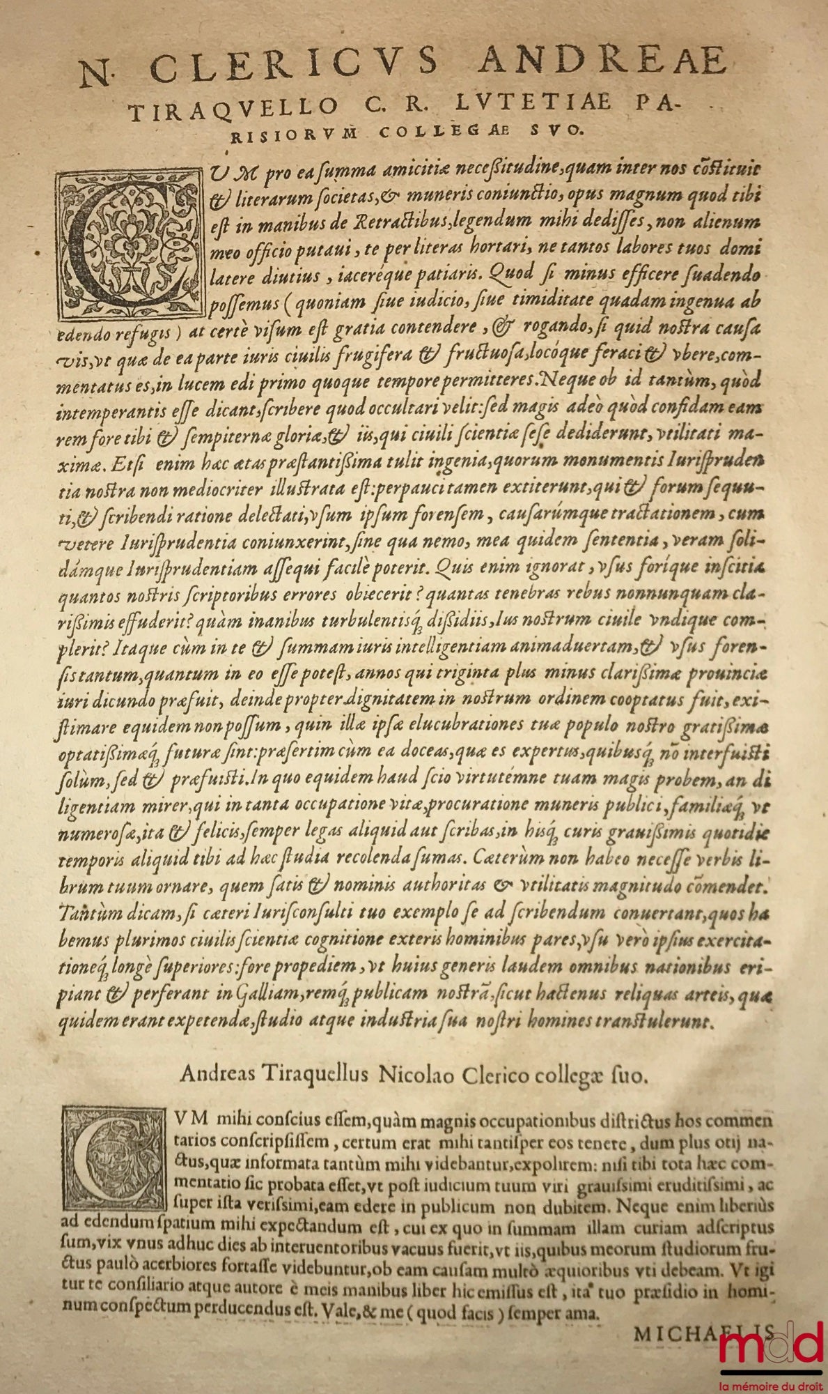 TIRAQUELLI (Andreæ) [TIRAQUEAU (André)] – REGII IN CURIA PARISIENSI SENATORIS. t. I: DIGNISSIMI, OPERA OMNIA, Quæ hactenus extant, Septem Tomis distincta: quorum hic Primus continet libros, DE NOBILITATE, ET IURE PRIMIGENIORUM, IAM DENVO RECUSA, ET A PL