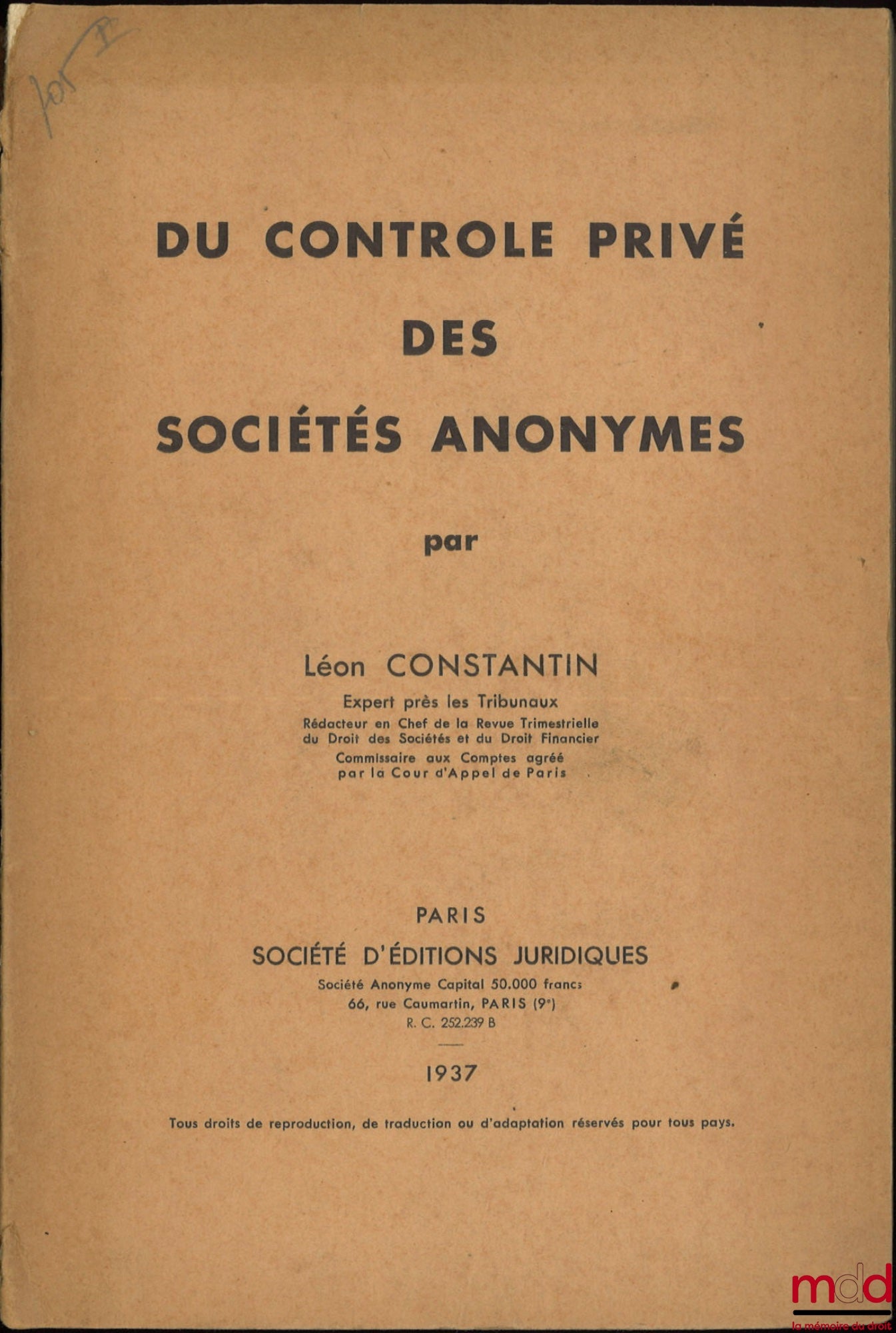 CONSTANTIN (Léon) – ON THE PRIVATE CONTROL OF PUBLIC LIMITED COMPANIES