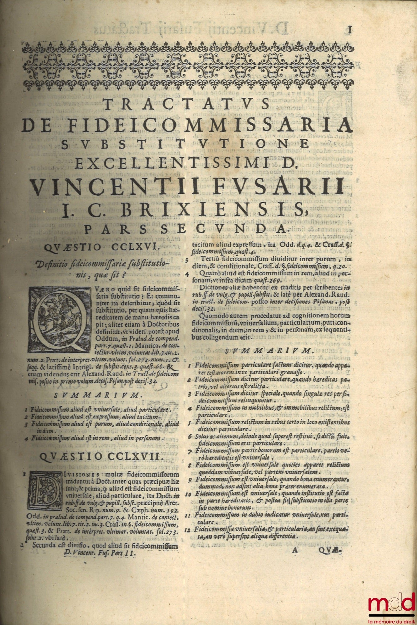FUSARIO (Vincentio) [Fusari (Vincenzo)]  – Tractatus de substitutionibus In Duas Partes distinctus, quarum prima continet directa summatim, Hoc est, De Substitutionibus in genere, De Vulgari, Pupillari, Exemplari, Directa Militari, Compendiosa, & Reciproc