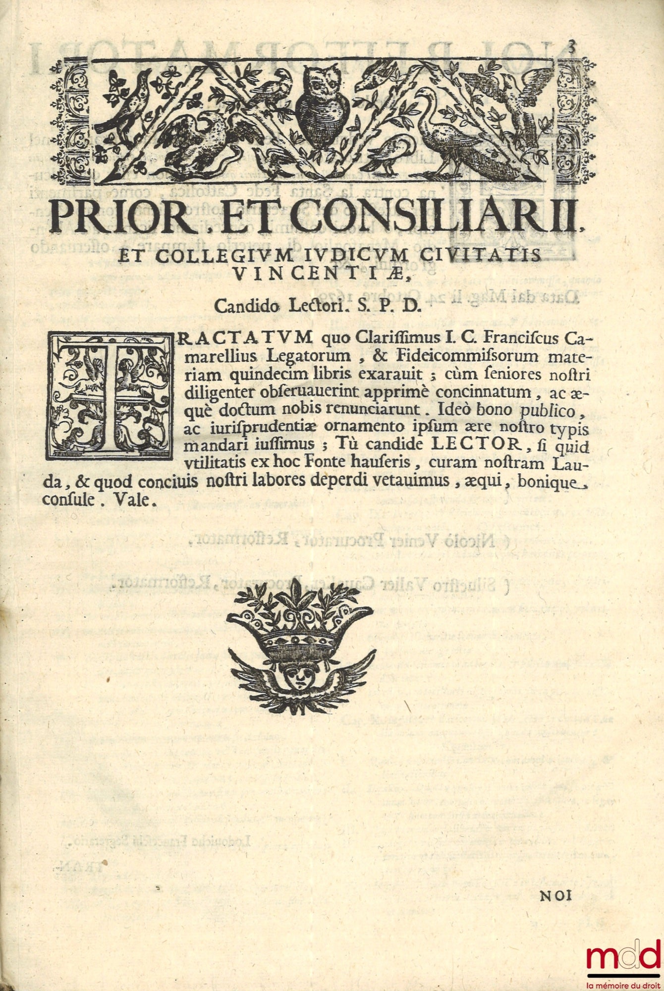 CAMARELÆ (Francisci) CAMARELLI (Francesco) – DE LEGATIS ET SINGULIS REBUS PER FIDEICOMMISSUM RELICTIS, Libris quindecim exaratum, in foro; and scholis professoribus Perutile, ac necessarium. Cum index locupletissim. Collegii judicum Vincentiae Cura et Ær