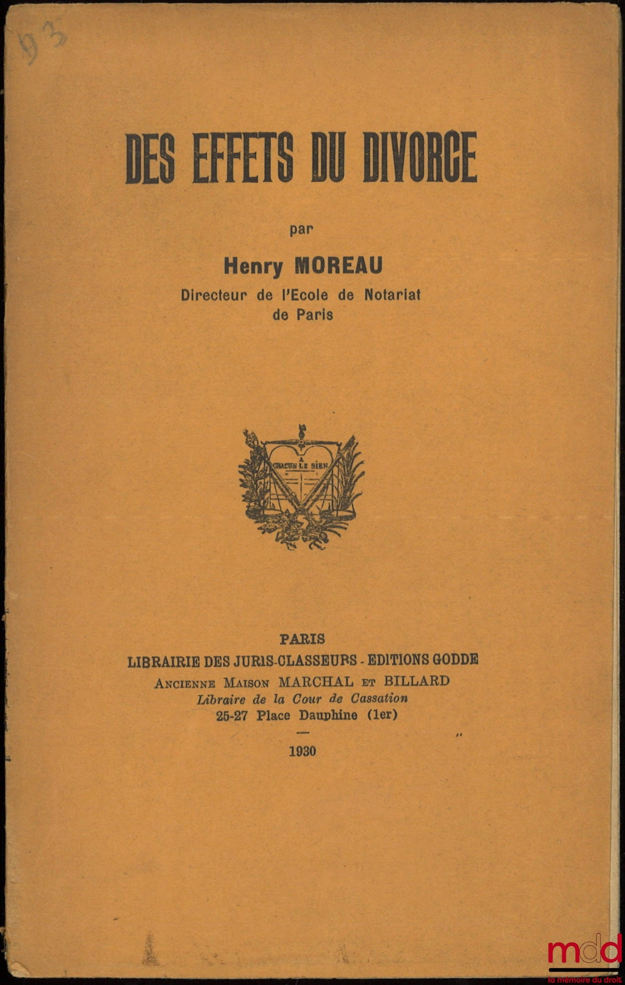 MOREAU (Henry) – ON THE EFFECTS OF DIVORCE