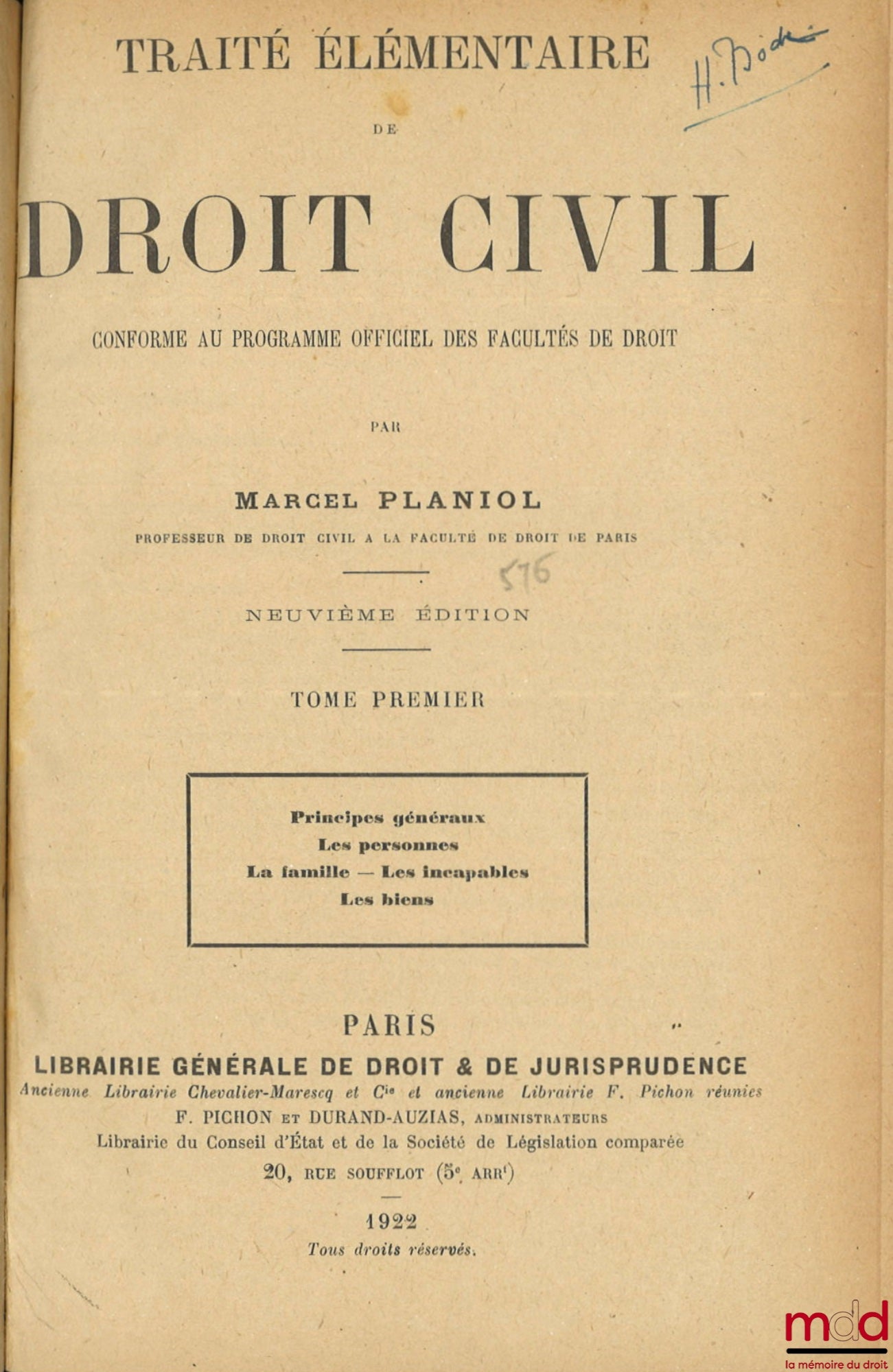 PLANIOL (Marcel) – ELEMENTARY TREATISE ON CIVIL LAW conforming to the official program of Law Faculties, 9th ed.