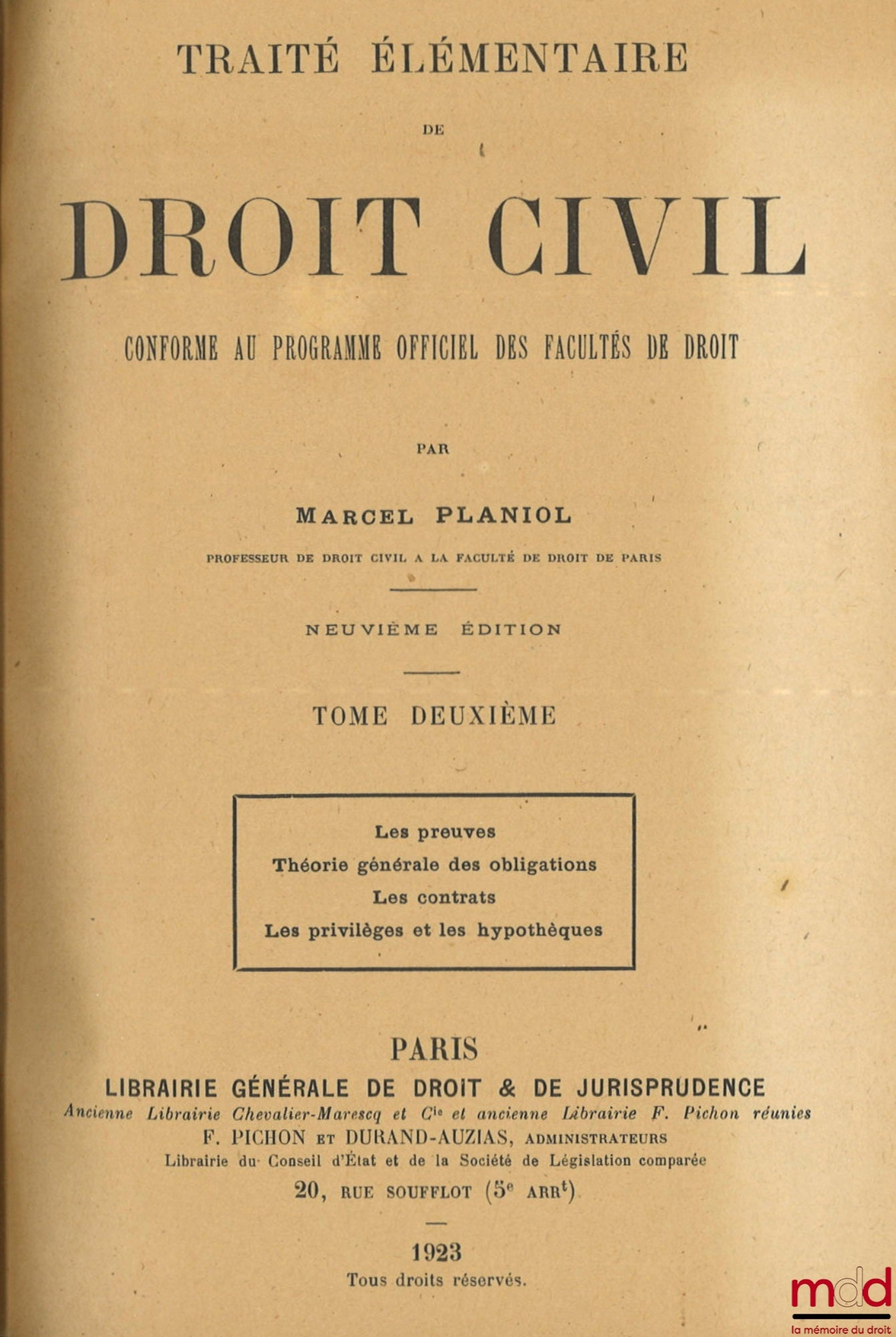 PLANIOL (Marcel) – ELEMENTARY TREATISE ON CIVIL LAW conforming to the official program of Law Faculties, 9th ed.